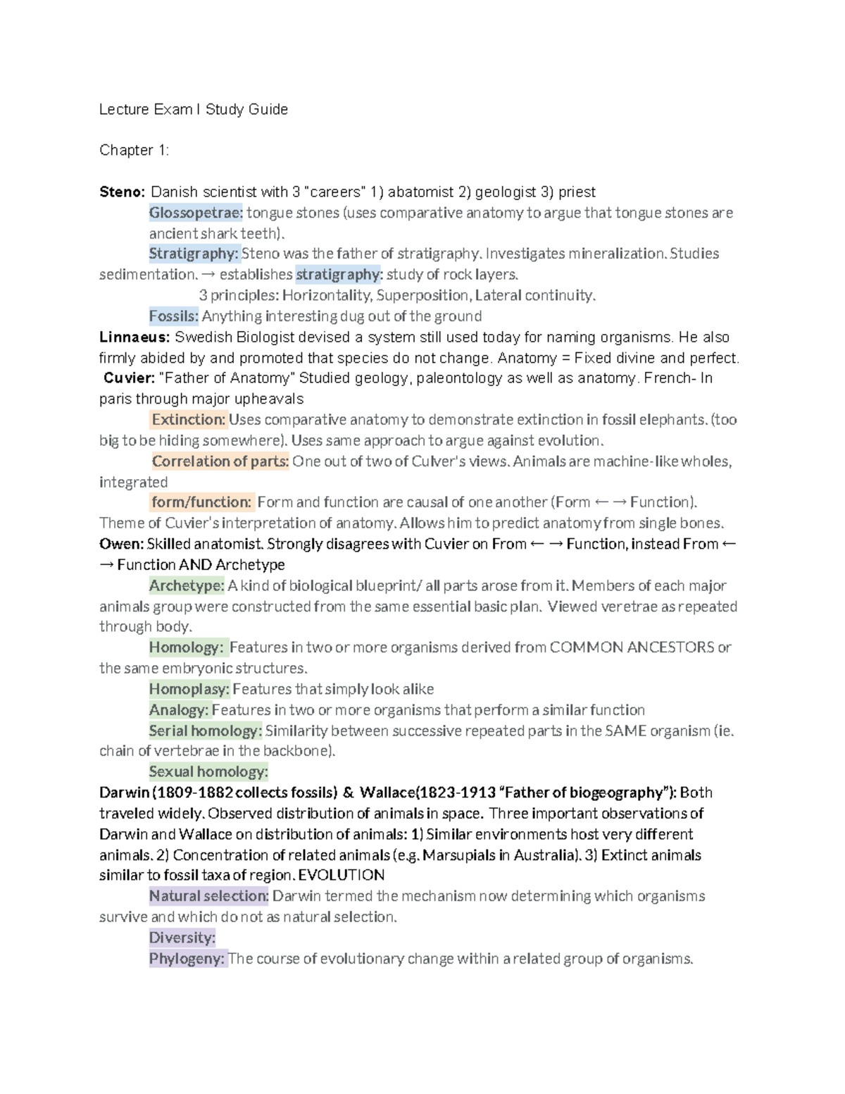 Comparative anatomy Lecture Exam I Study Guide - Lecture Exam I Study