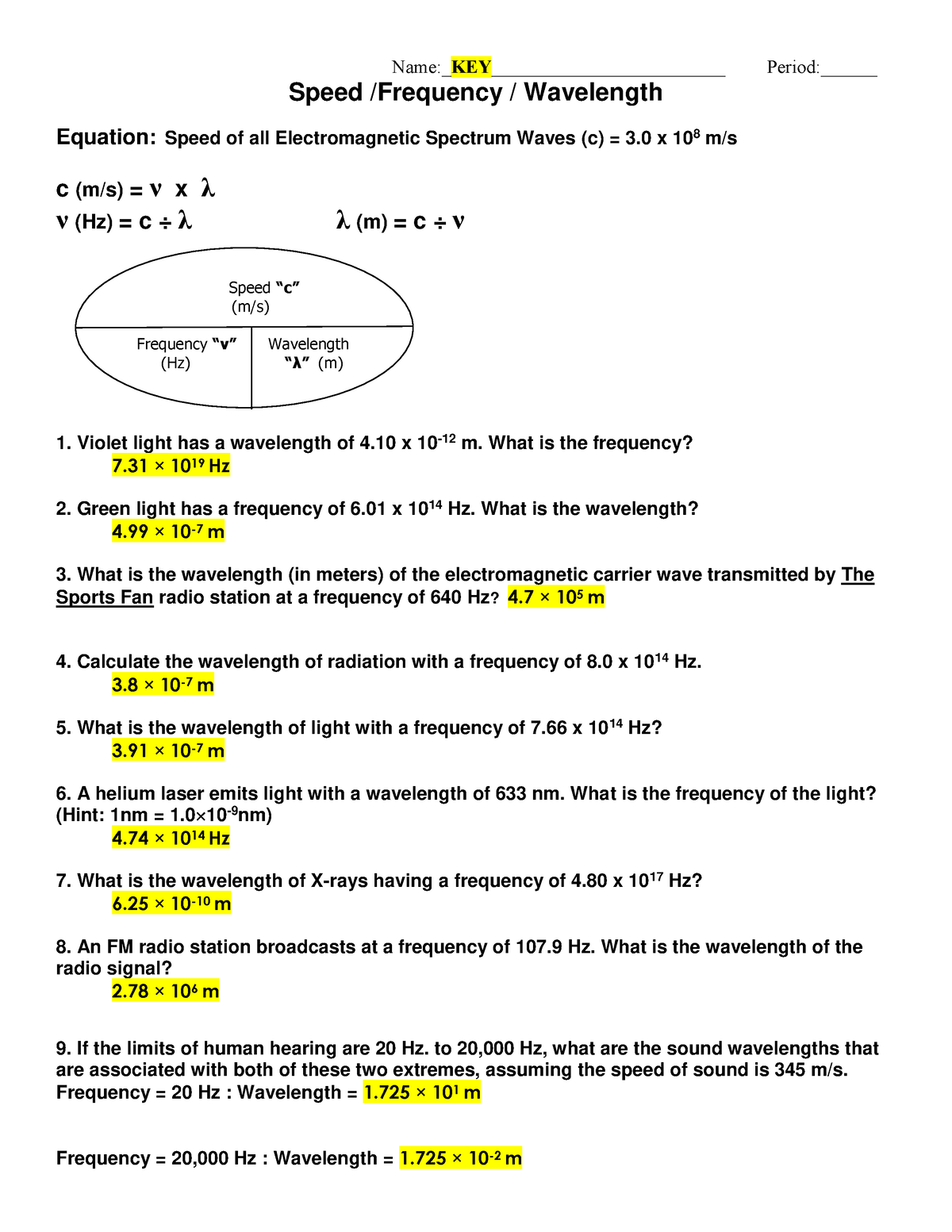 Wavelength Frequency and Enegy Problems KEY - Name:KEY ...