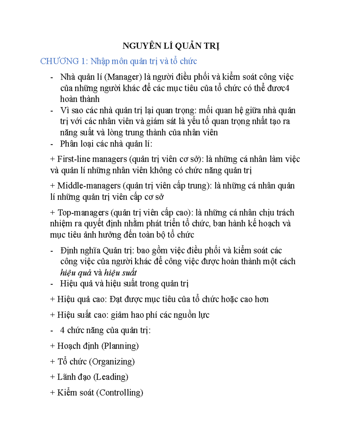 Nguyên lí quản trị - NGUYÊN LÍ QUẢN TRỊ CHƯƠNG 1: Nhập môn quản trị và ...