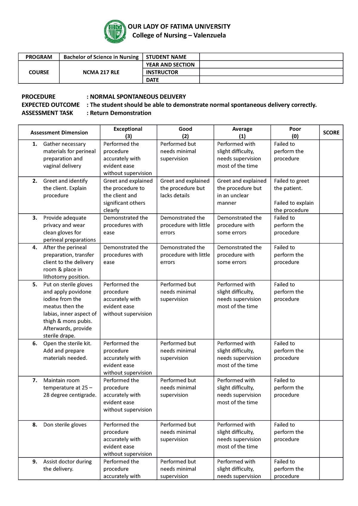 Rubrics- Normal- Delivery 2 - OUR LADY OF FATIMA UNIVERSITY College of ...