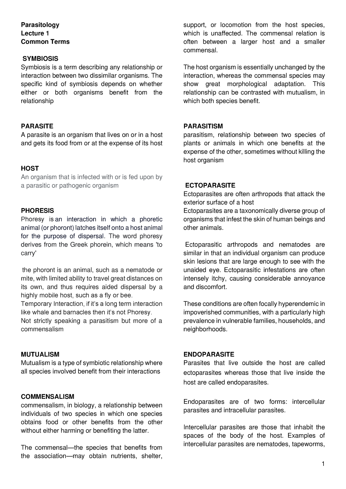 Common Terms used in Parasitology - 1 Parasitology Lecture 1 Common ...