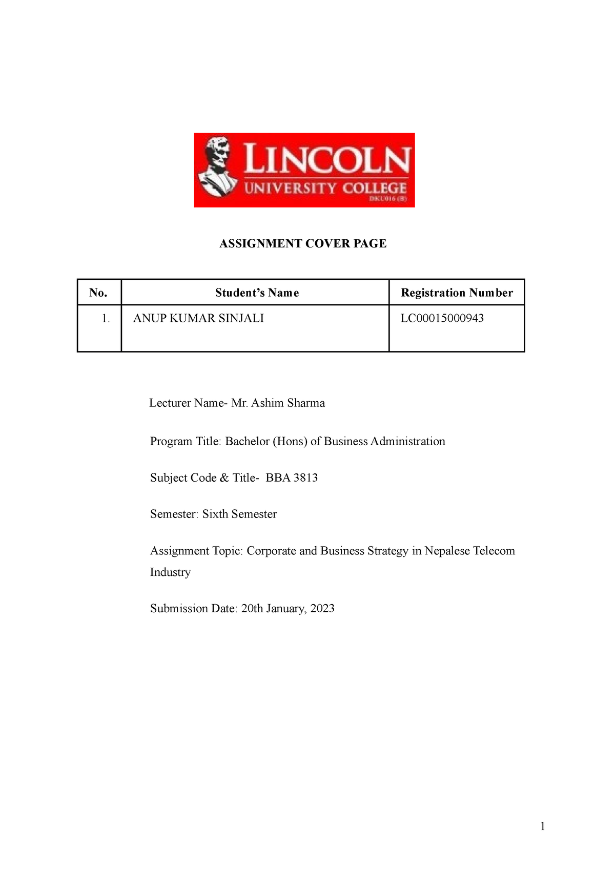 LC00015000943 ANUP Kumar Sinjali - ASSIGNMENT COVER PAGE No. Student’s ...