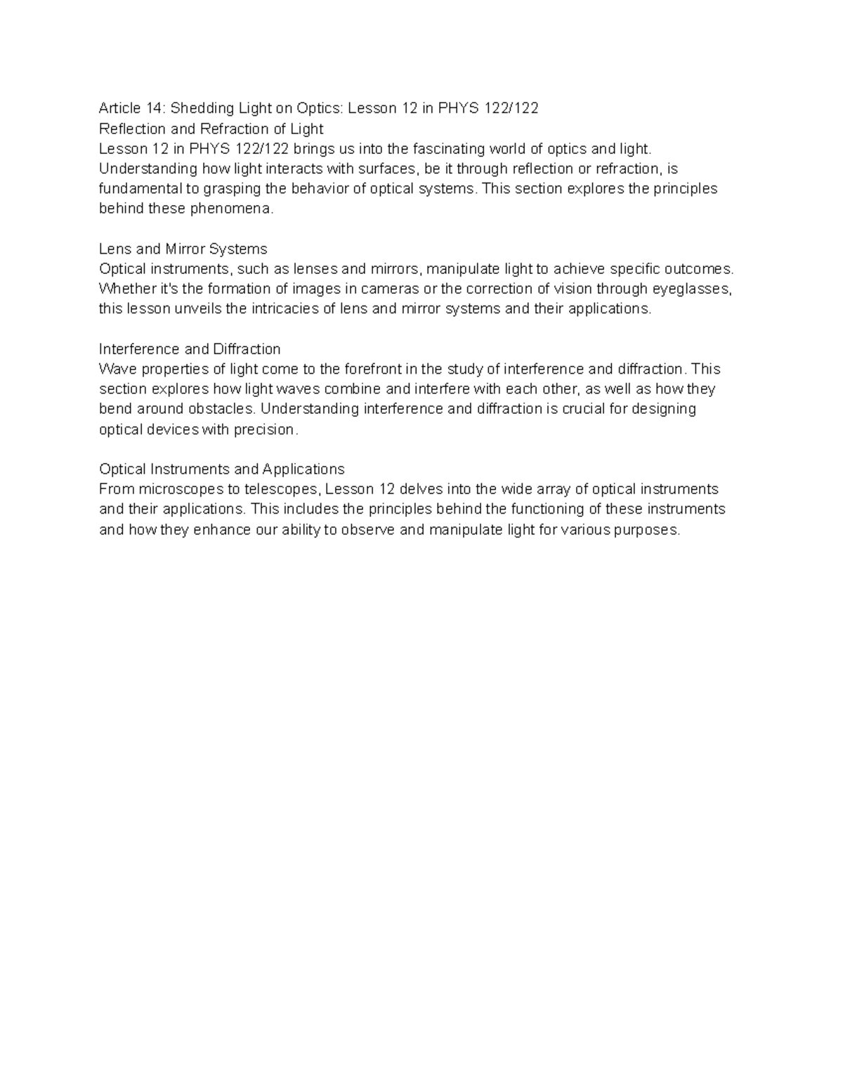 Article 14 Shedding Light on Optics Lesson 12 in PHYS 122 122 Article