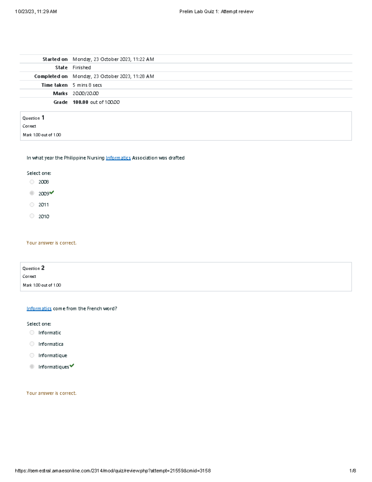 Nursing Informatics - Prelim Lab Q1 - Started on Monday, 23 October ...