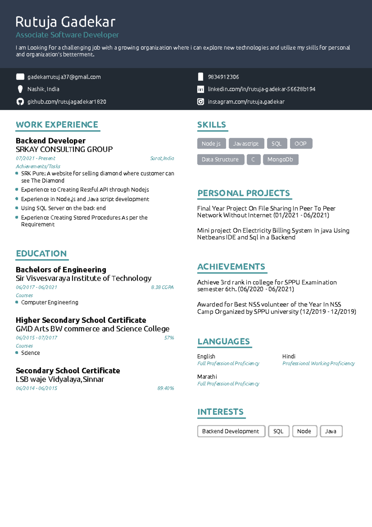 Rutuja+Gadekar+Resume+(1) - Rutuja Gadekar Associate Software Developer ...
