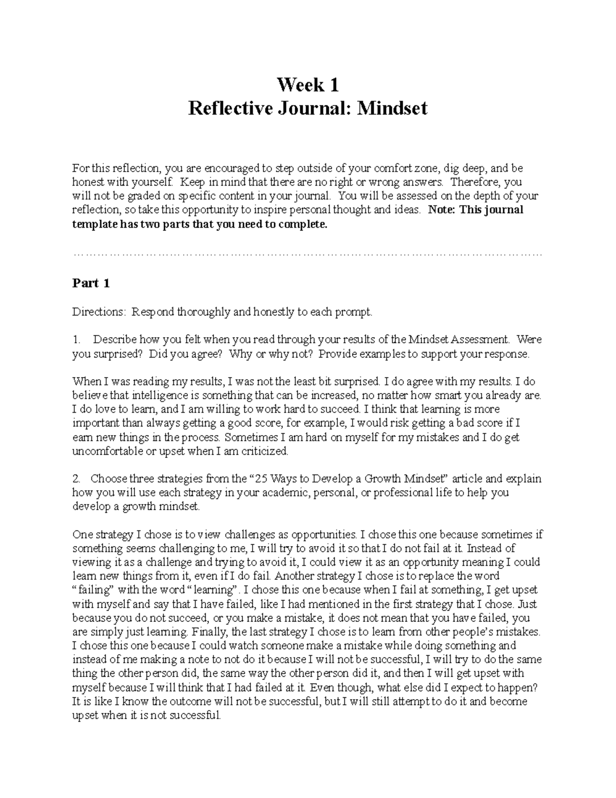 sample reflective journal assignment