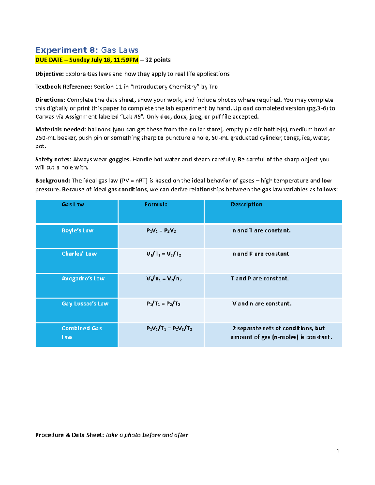 Lab9 The Fundamentals of Chromatography Experiment 8 Gas Laws DUE
