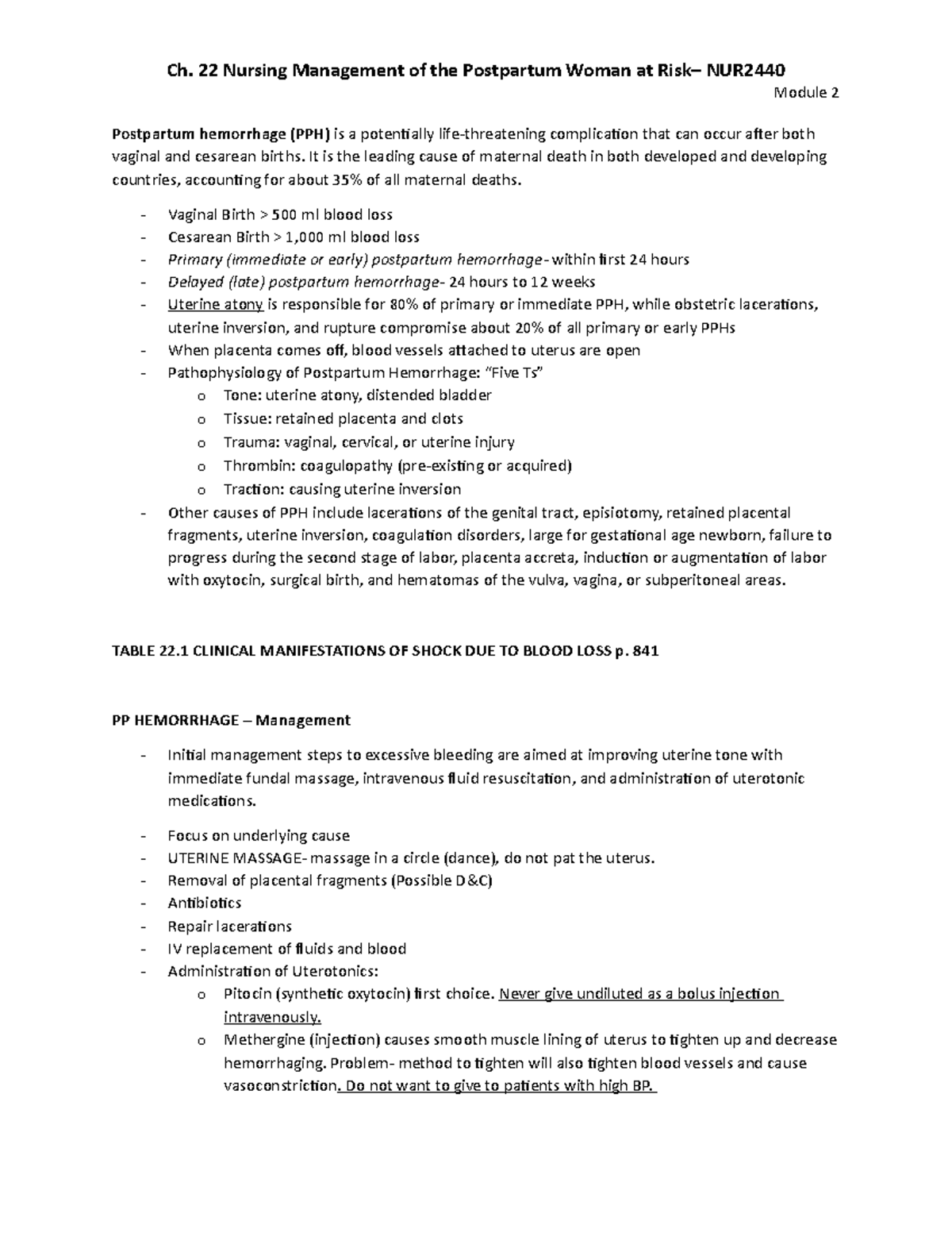 Module 2 Postpartum Notes (Ch. 22) - Module 2 Postpartum Hemorrhage ...