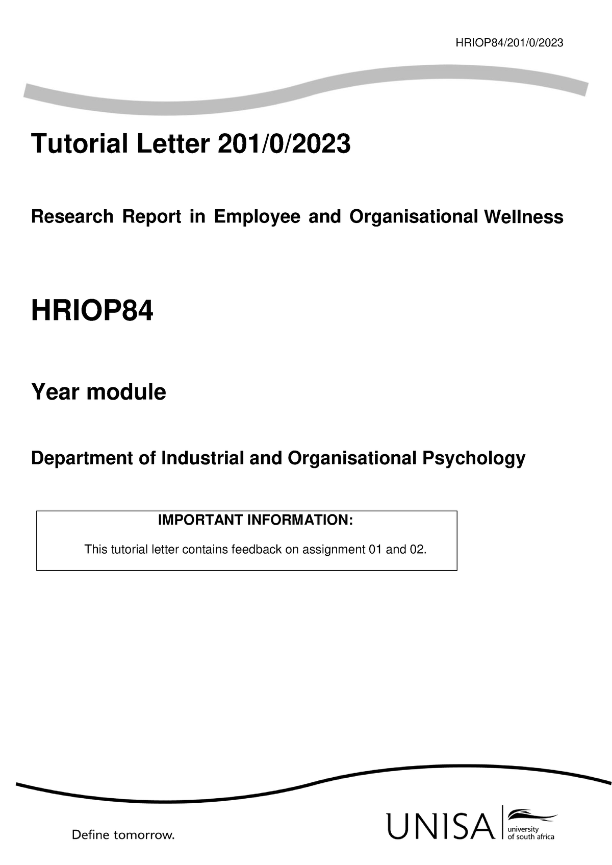 HRIOP84 201 0 2023 B - Lecturer Notes - Tutorial Letter 201/0/ Research ...