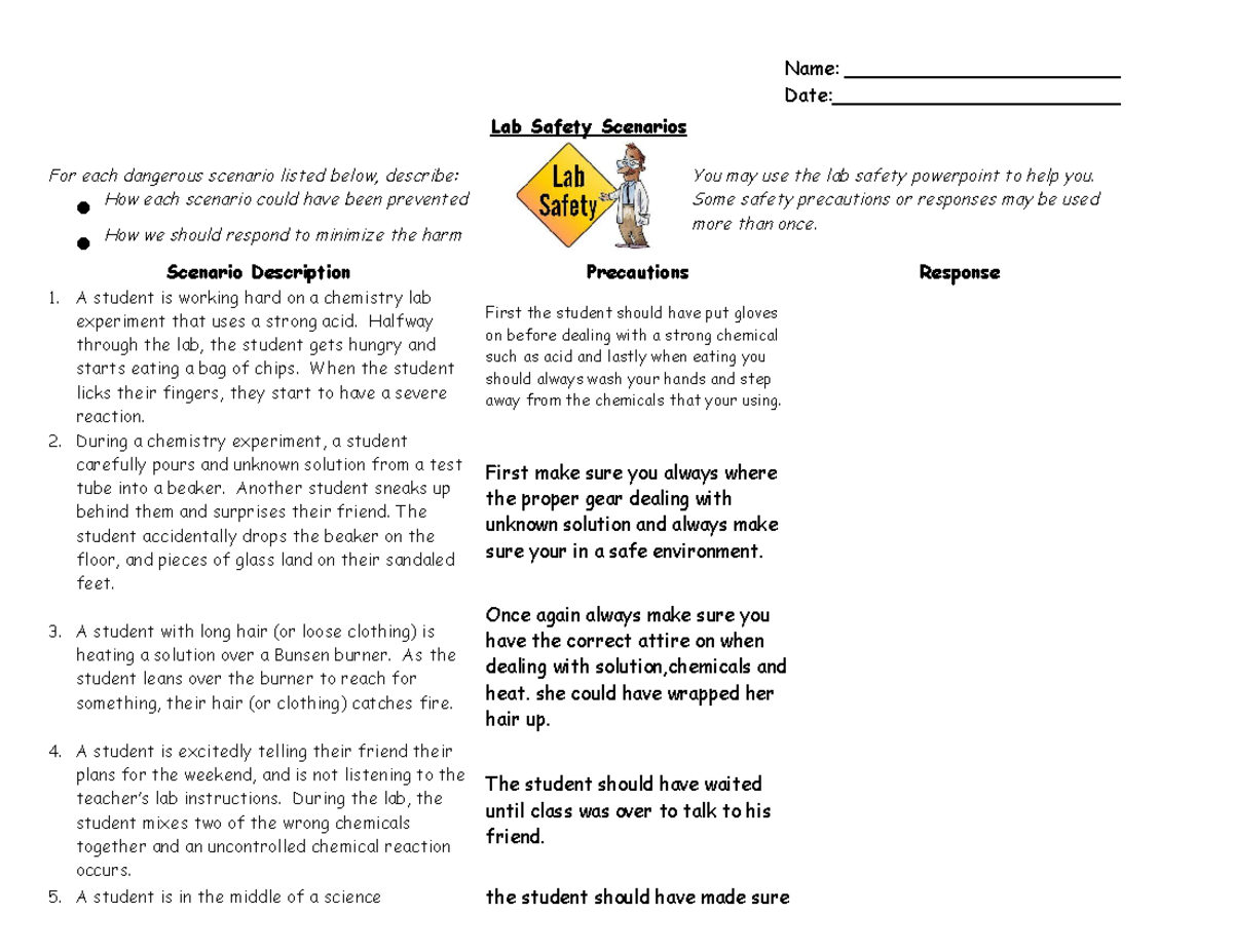 Copy of Lab safety scenarios ws Name Date Lab Safety Scenarios For