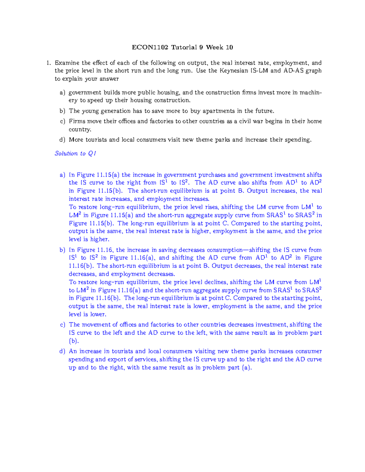 Tutorial 9 ECON1102 sol - ECON1102 Tutorial 9 Week 10 Examine the ...