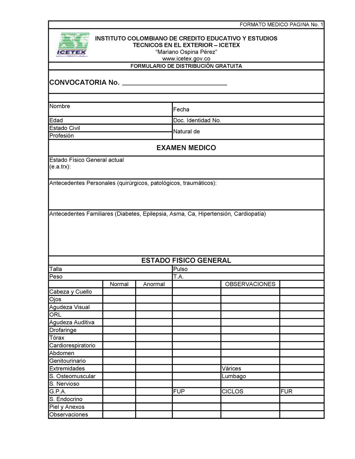 Formato Examen Medico - Apuntes 1 - FORMATO MEDICO PAGINA No. 1 INSTITUTO  COLOMBIANO DE CREDITO - Studocu