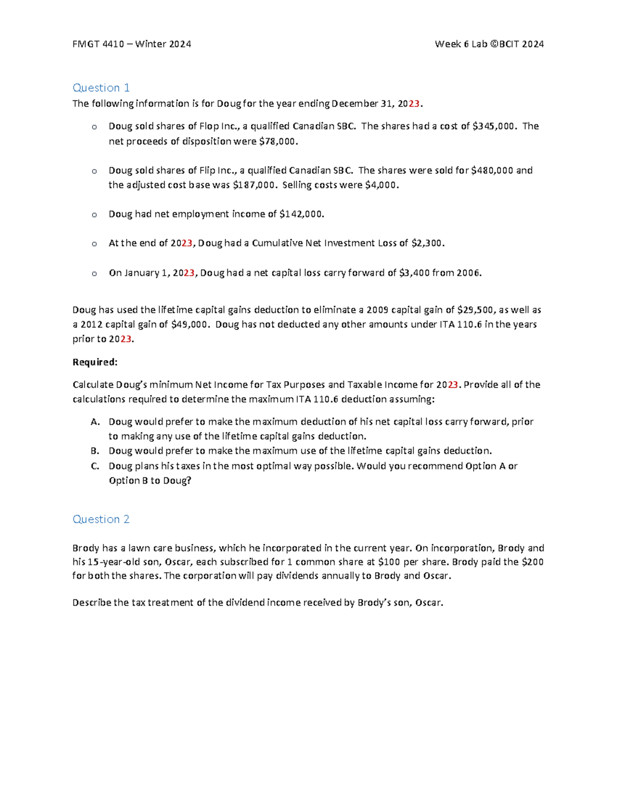 2024 FMGT 4410 Week 6 Lab Questions - FMGT 4410 – Winter 202 4 Week 6 ...