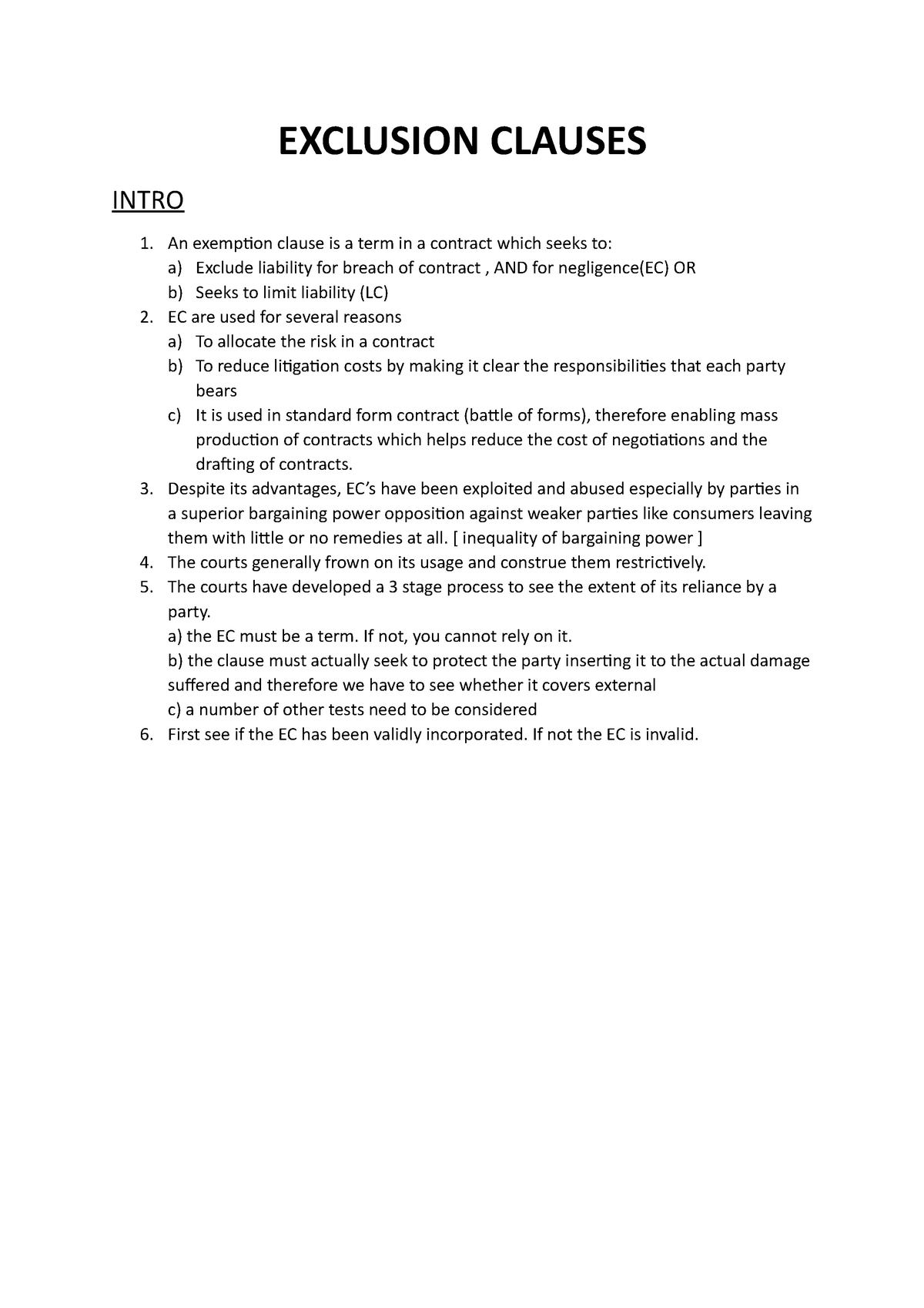 Exclusion Clauses EC notes EXCLUSION CLAUSES INTRO An exemption