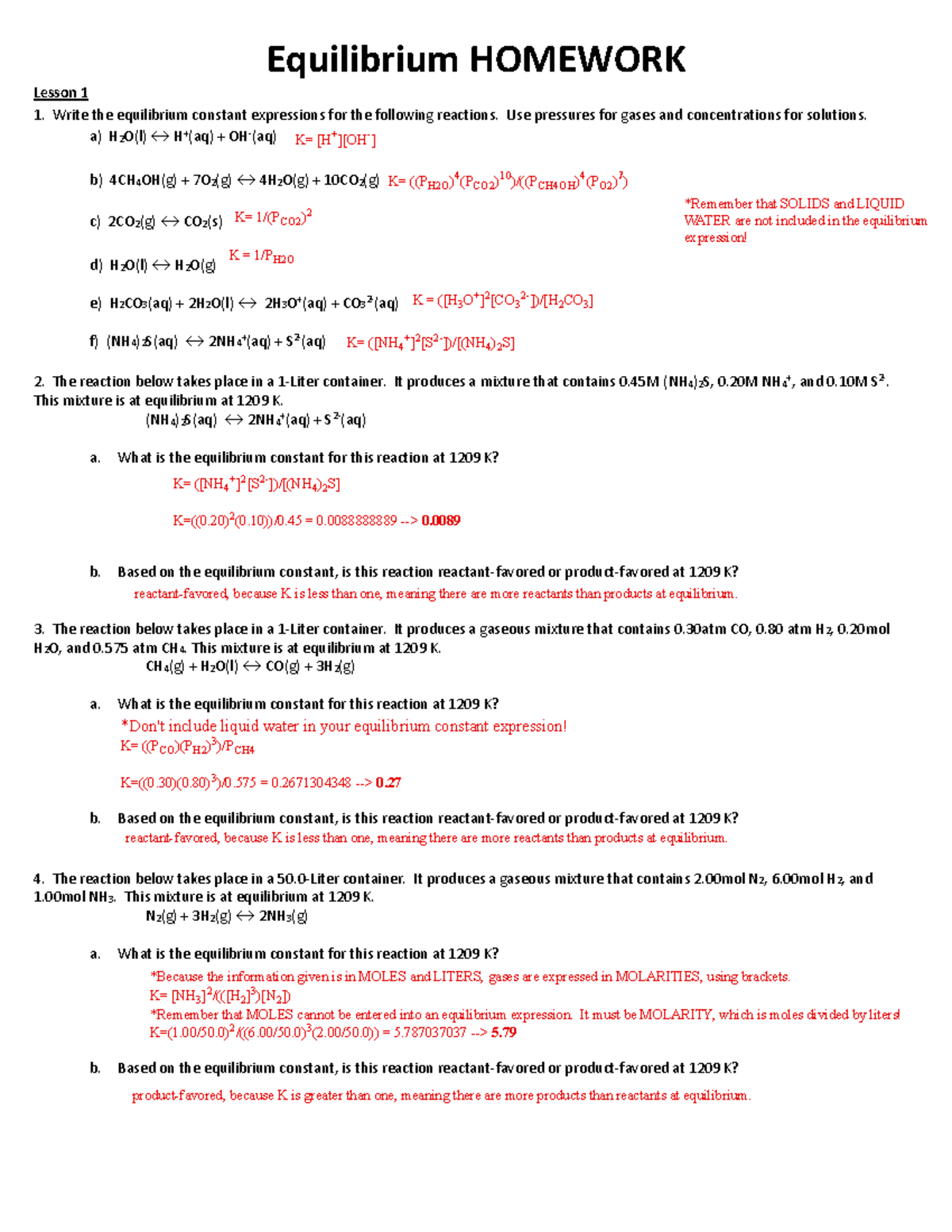 equilibrium constant homework