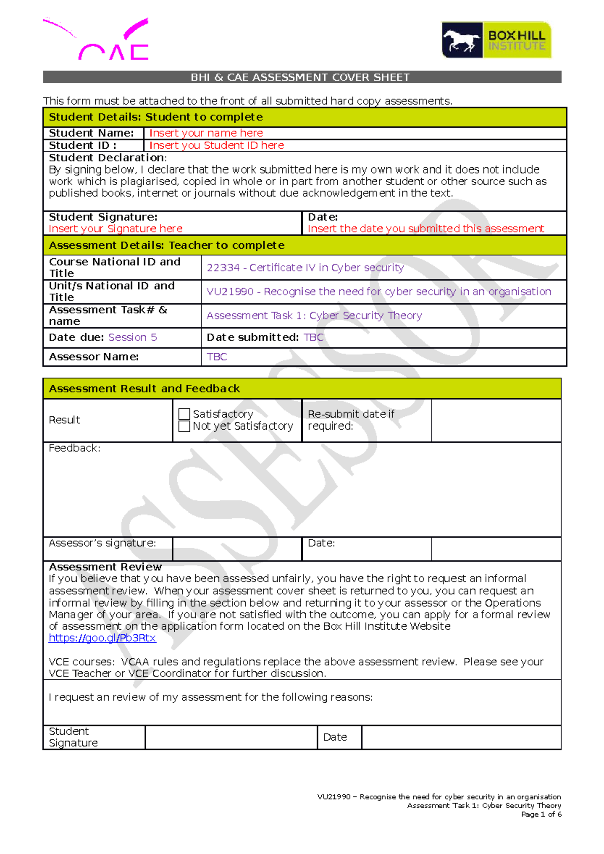 VU21990 AT1 - AT1 - BHI & CAE ASSESSMENT COVER SHEET This form must be ...