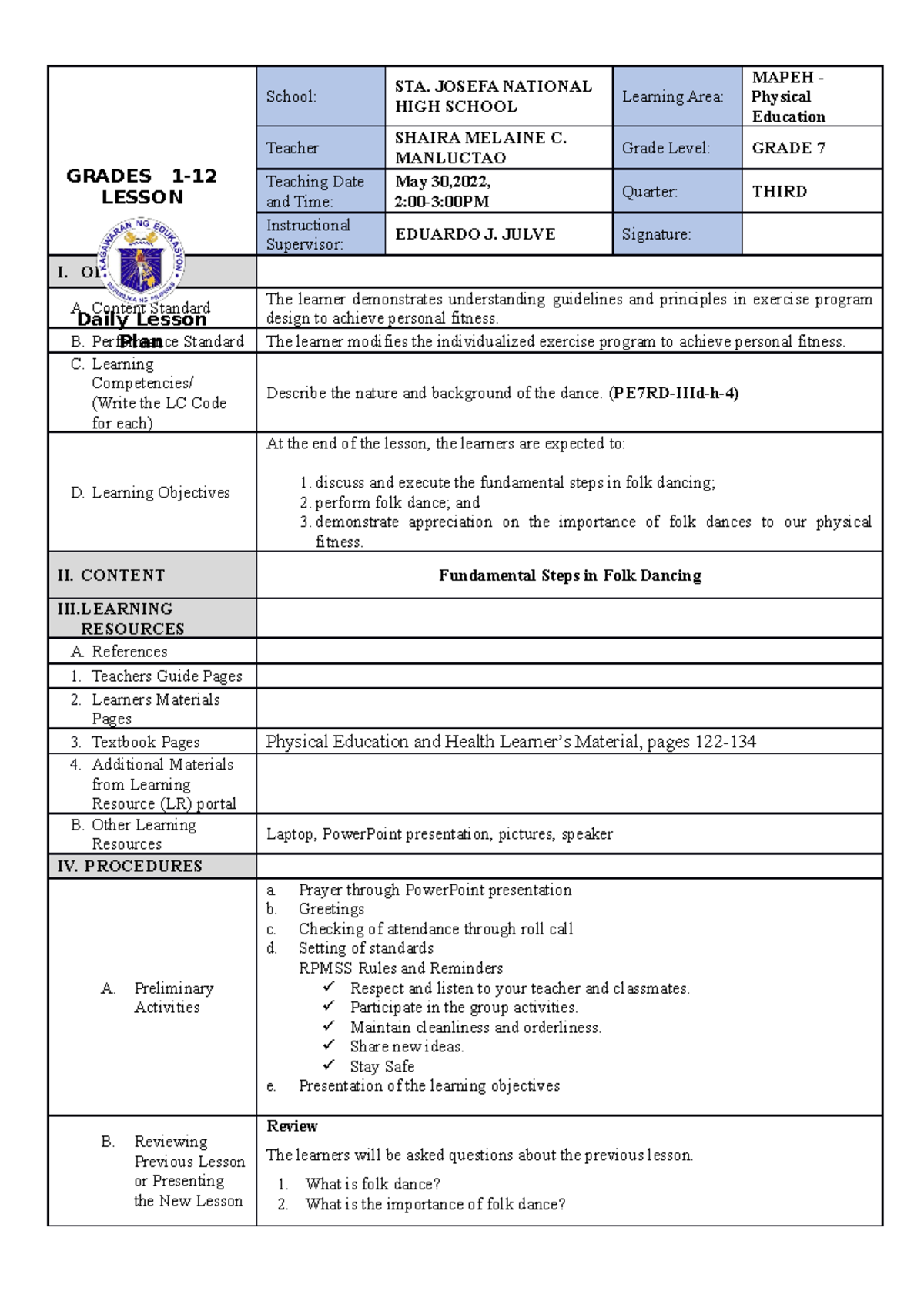 3Q PE Folkdance DLL - lesson plan for class observation - School: STA ...