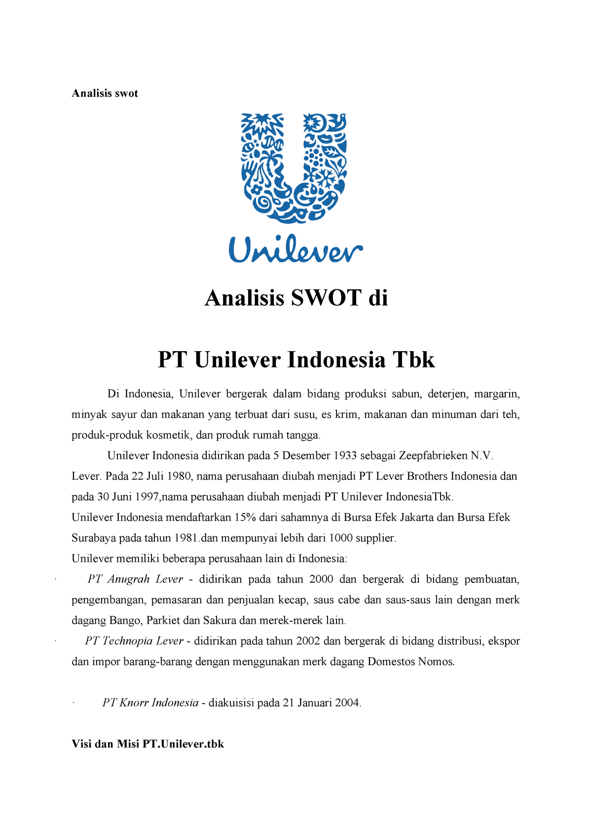 Tugas Manajemen Swot Pt Unilever Studocu