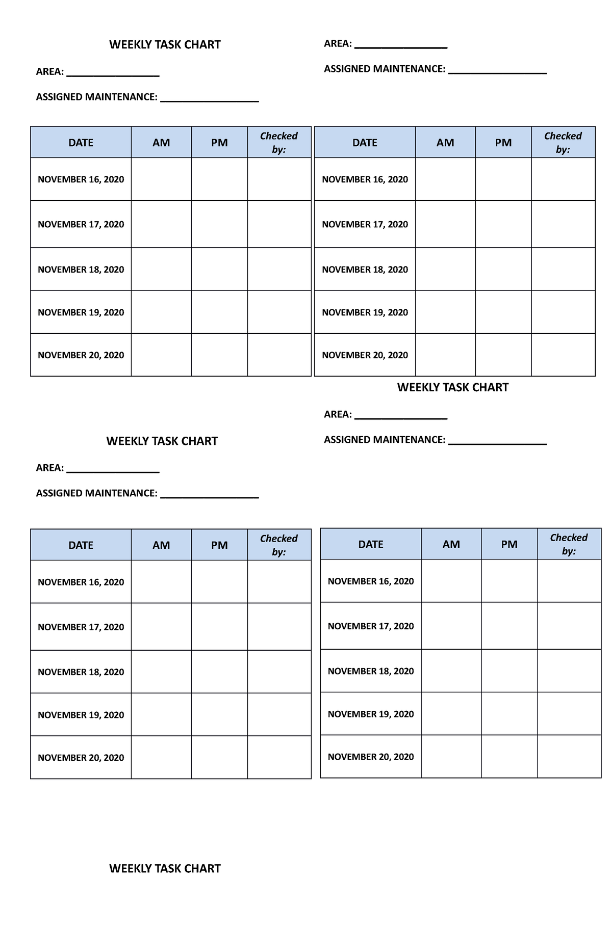 Weekly Task Chart - Cleaners - Area: Weekly Task Chart Assigned 