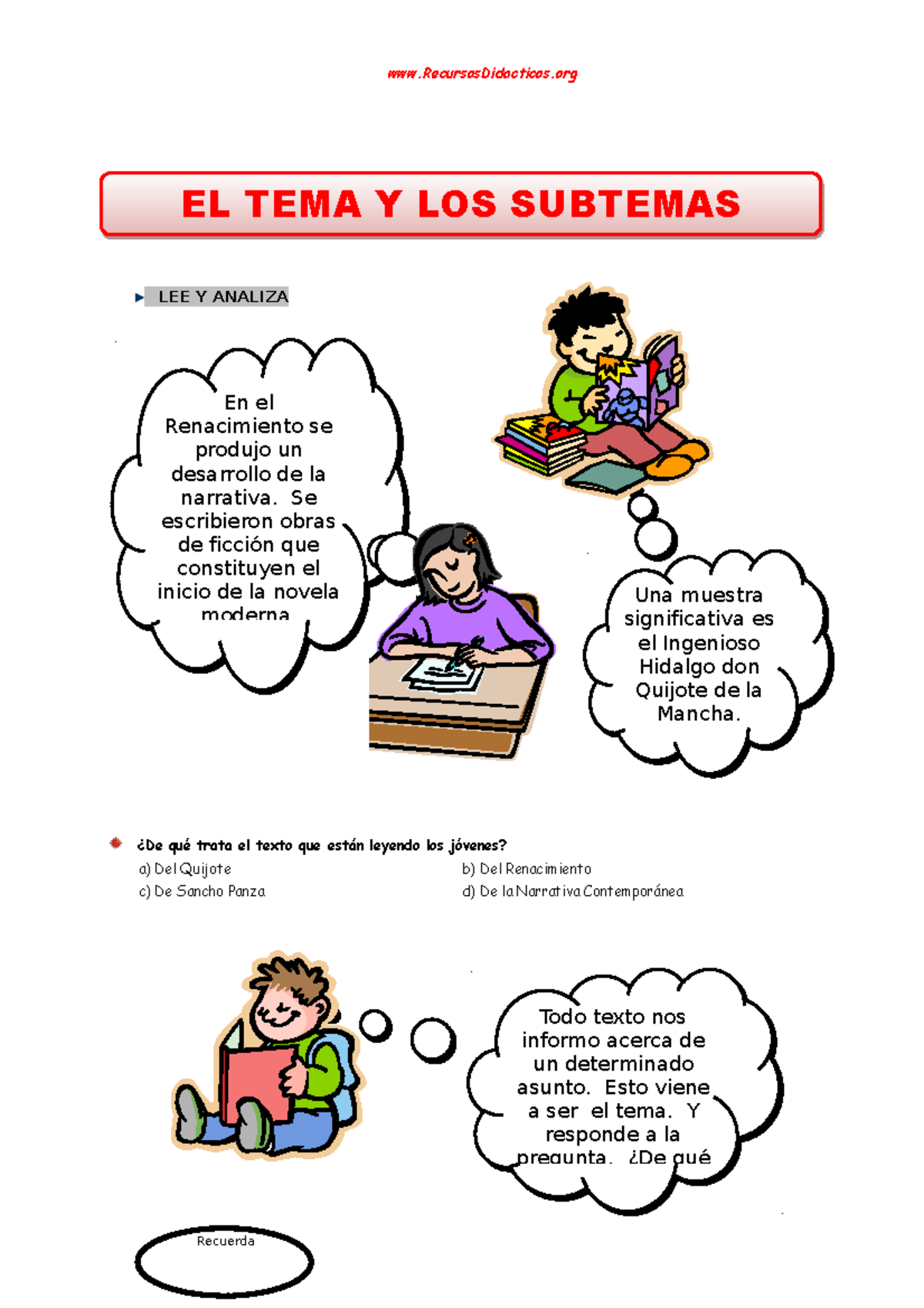 El Tema y los Subtemasnv - ####### LEE Y ANALIZA ¿De qué trata el texto ...