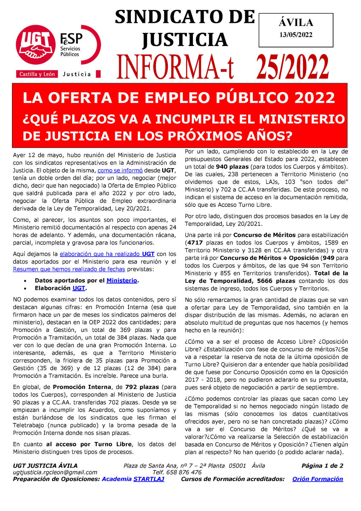 UGT Justicia Ávila Informa 25 OEP 2022 y cronograma de procesos y