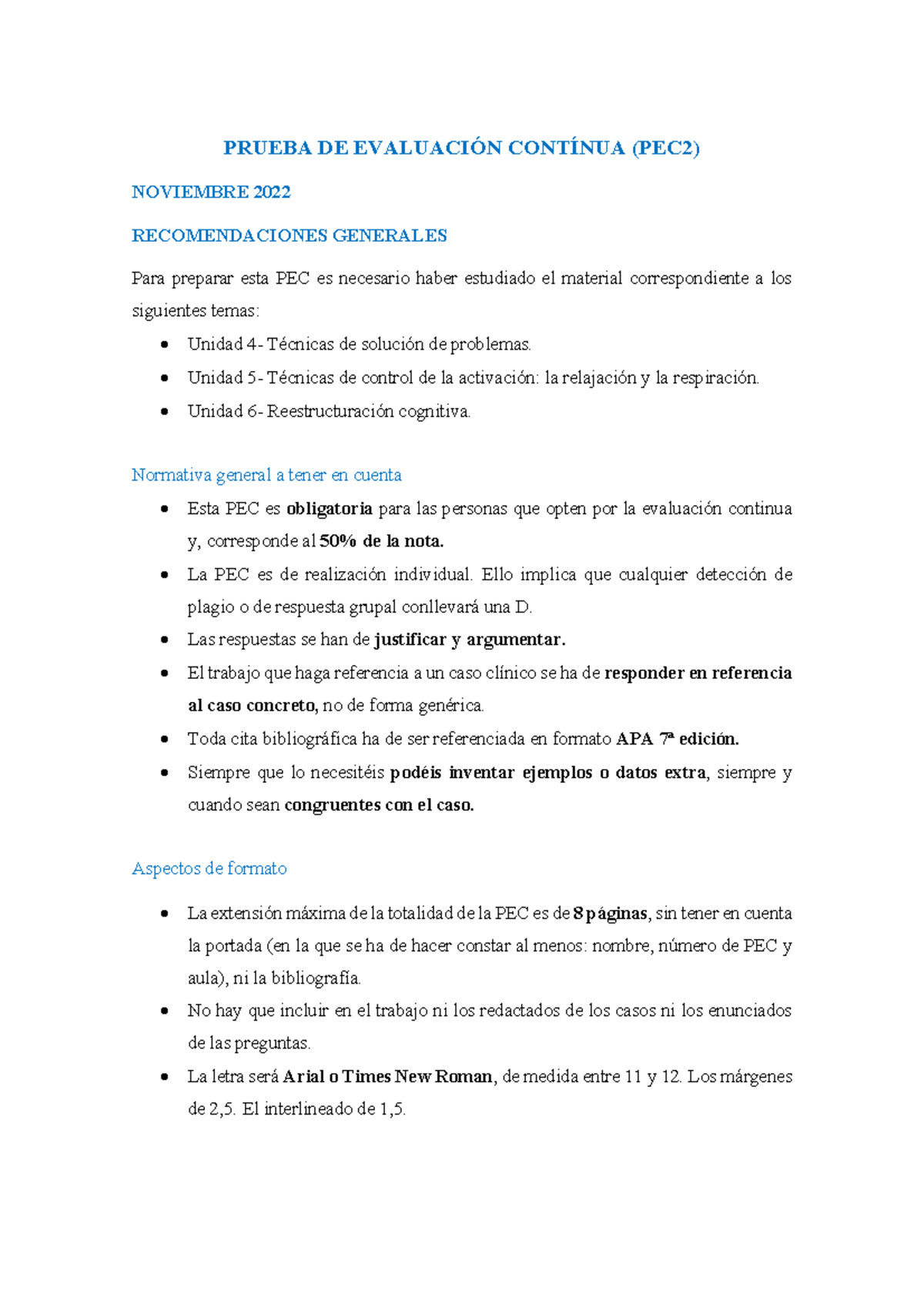 PEC2 - PEC2 - Terapia de conducta - PRUEBA DE EVALUACIÓN CONTÍNUA (PEC2 ...