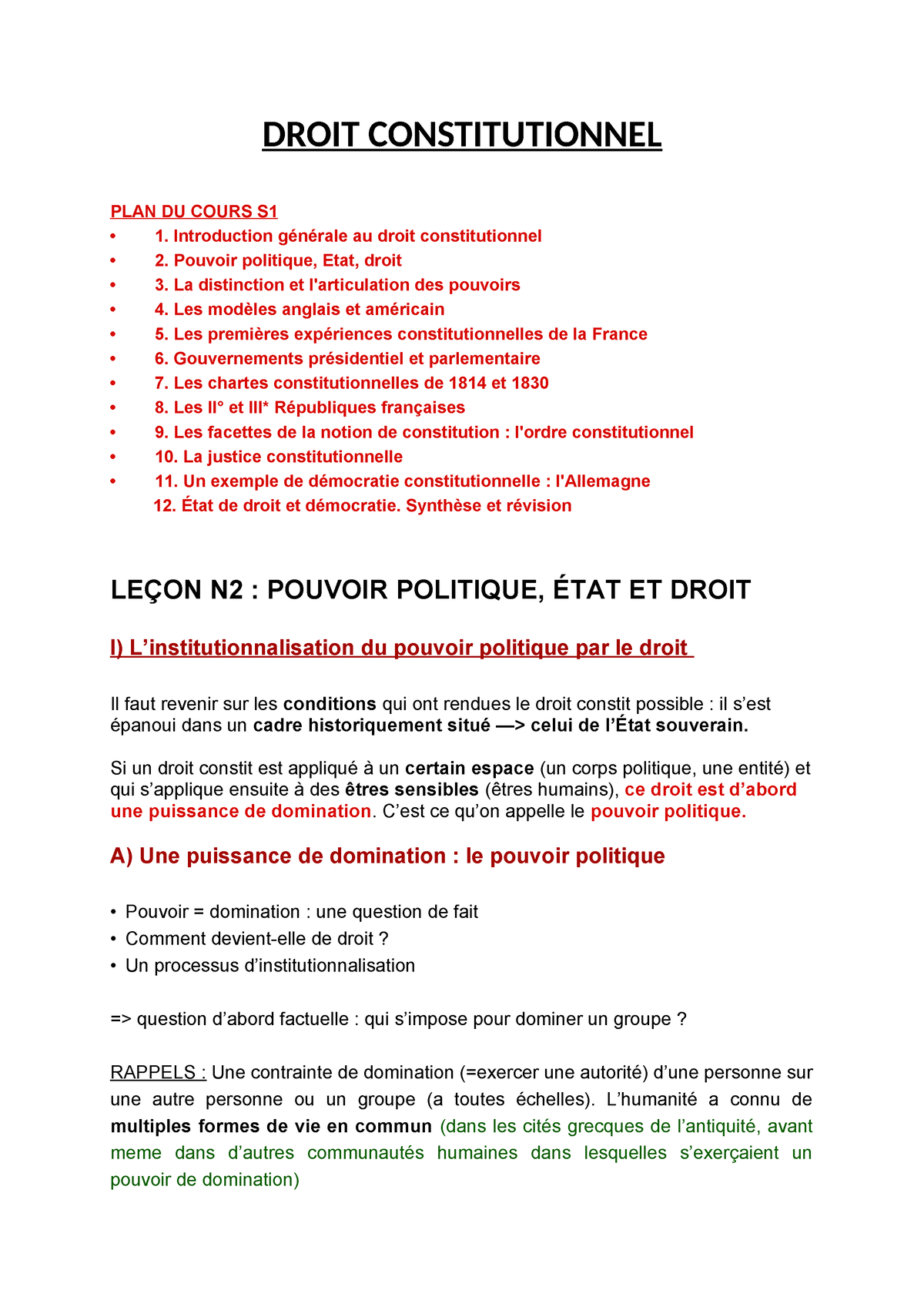 Droit Constitutionnel Fiche - DROIT CONSTITUTIONNEL PLAN DU COURS S ...