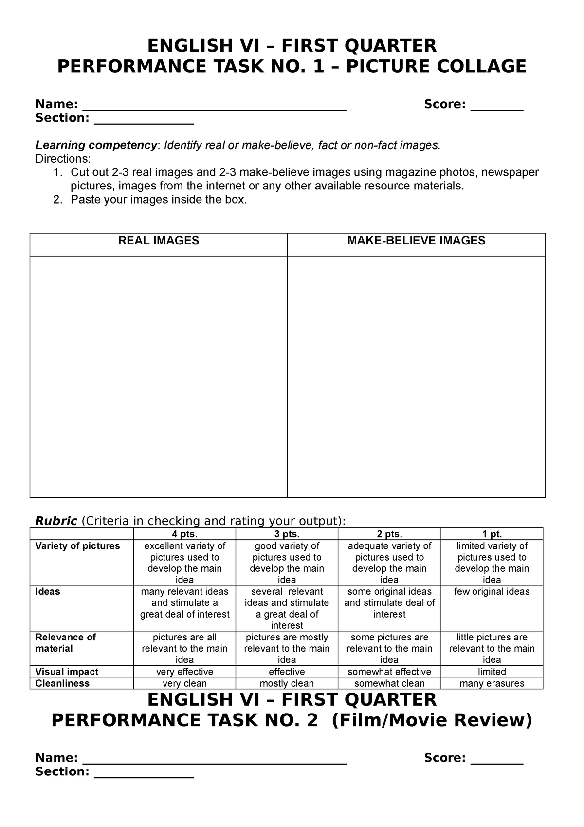 English 6 Performance Task Quarter 1 - ENGLISH VI – FIRST QUARTER ...