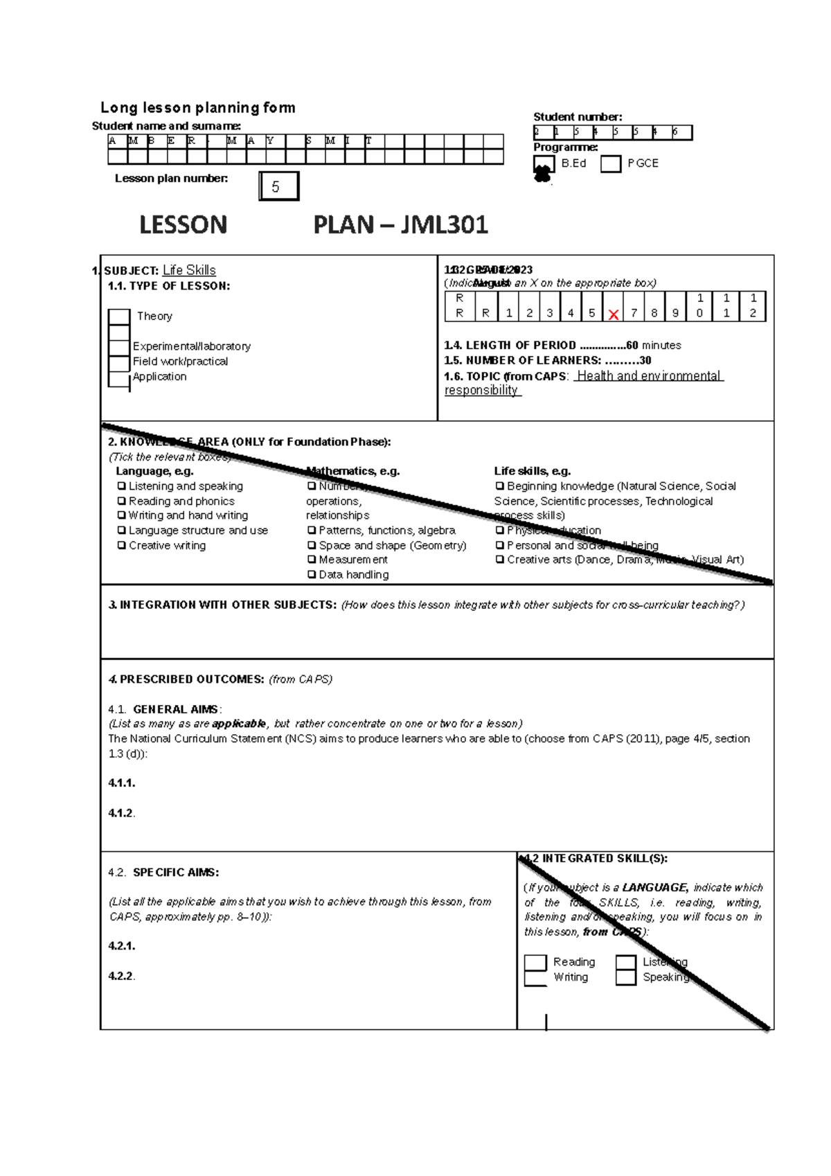 Lesson plan Life Skills Grade 6 JML300 Long lesson planning form