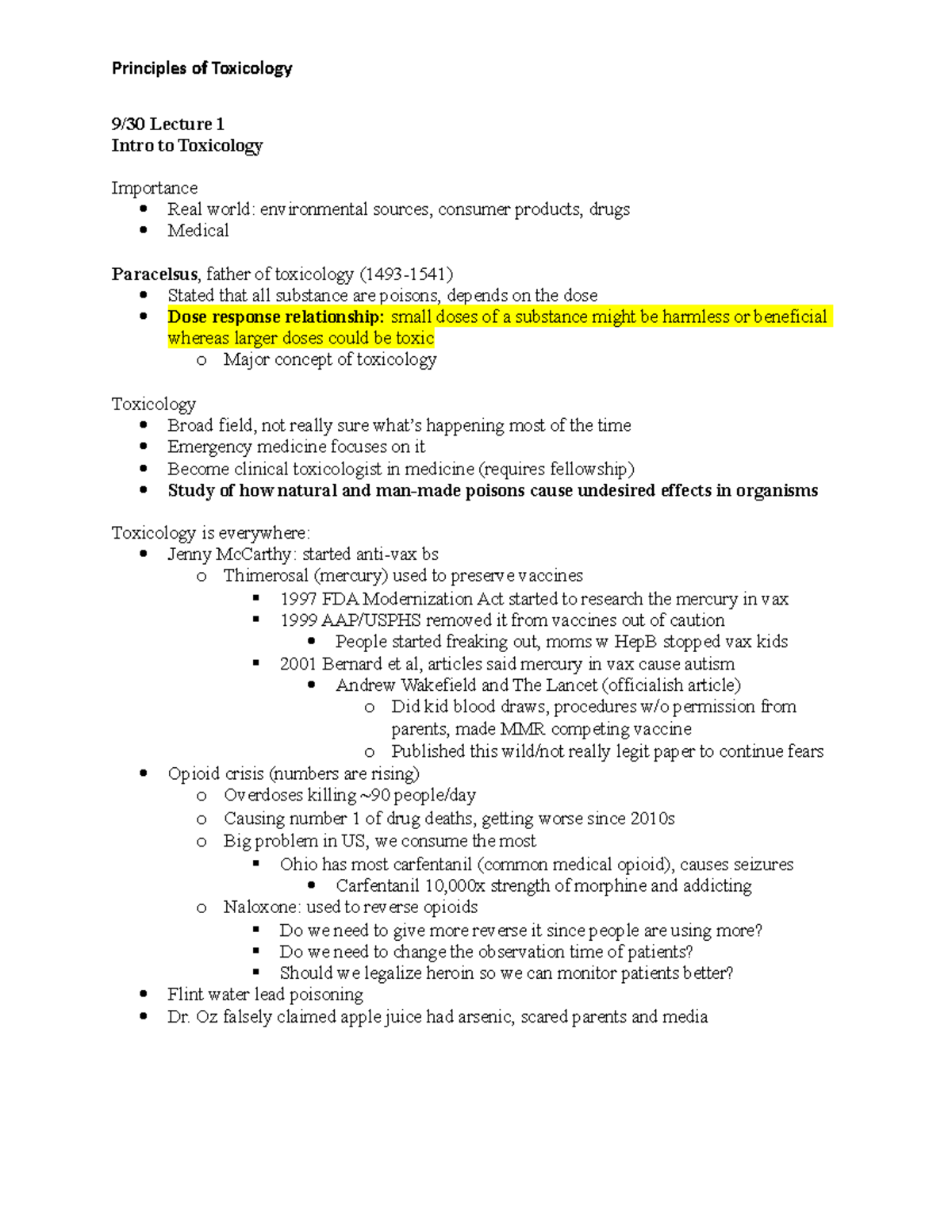 Toxicology notes - 9/30 Lecture 1 Intro to Toxicology Importance Real ...