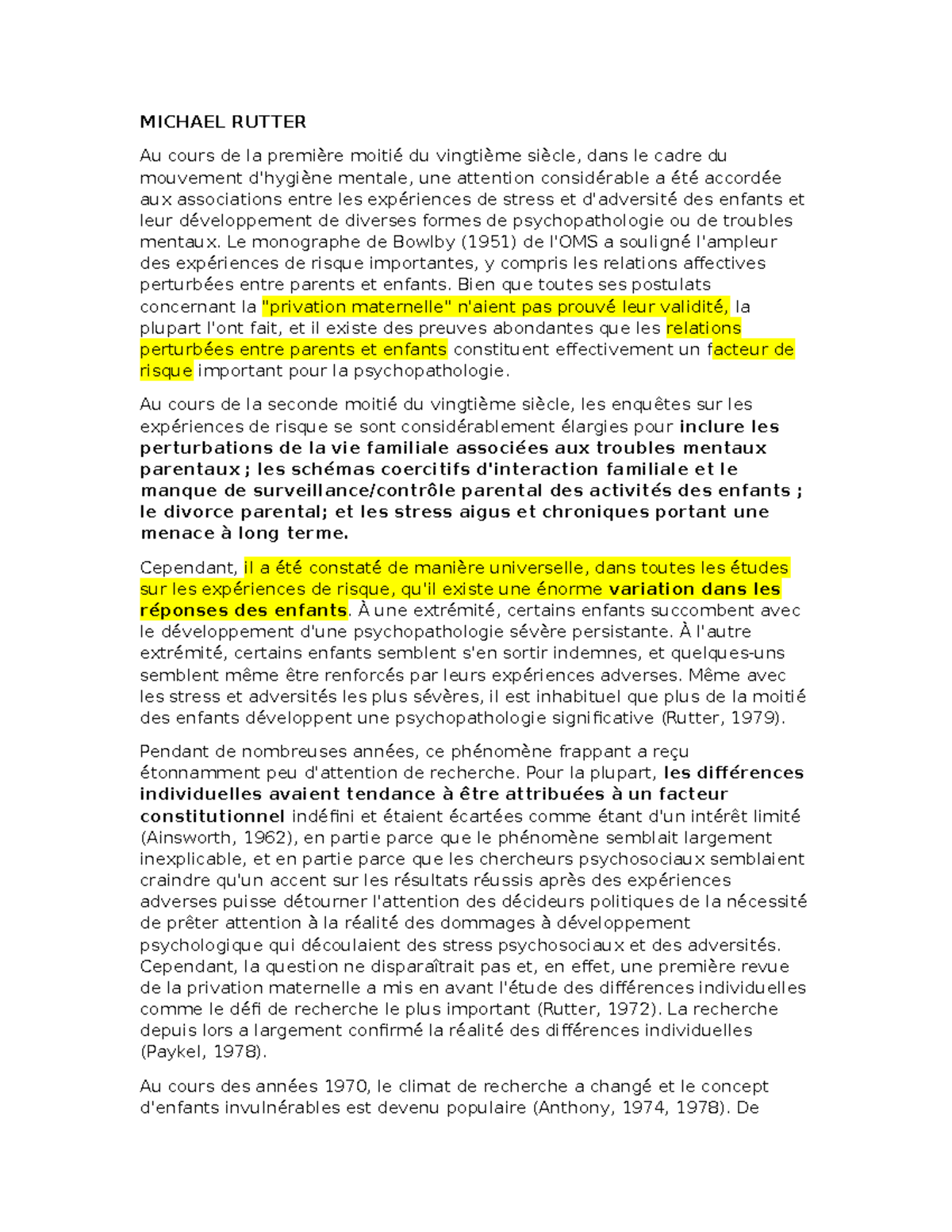 Michael Rutter Lecturee Examen - MICHAEL RUTTER Au cours de la première ...