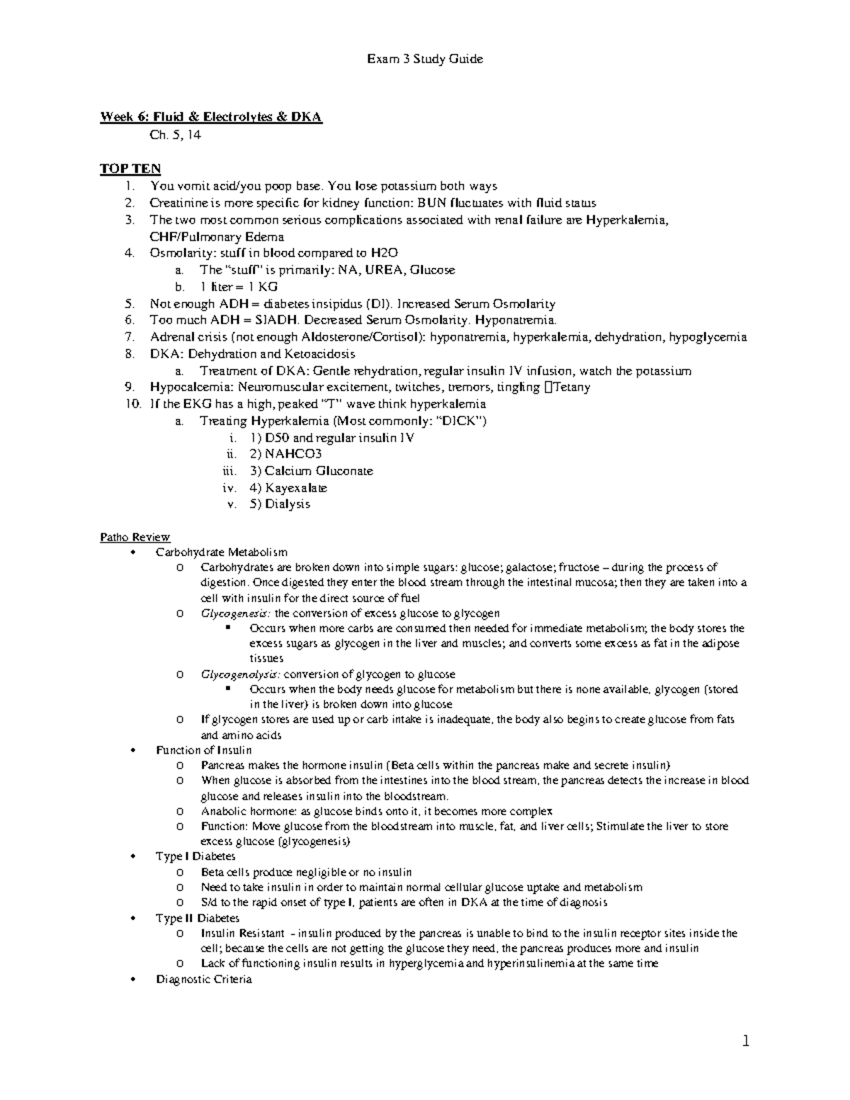 N460 Exam 3 Study Guide - Lecture notes - Week 6: Fluid & Electrolytes ...