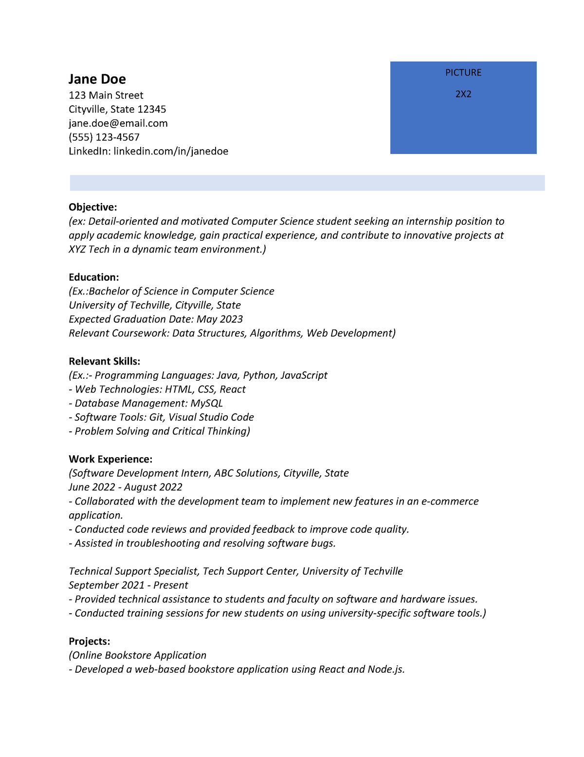 Resume Format - Jane Doe 123 Main Street Cityville, State 12345 jane ...