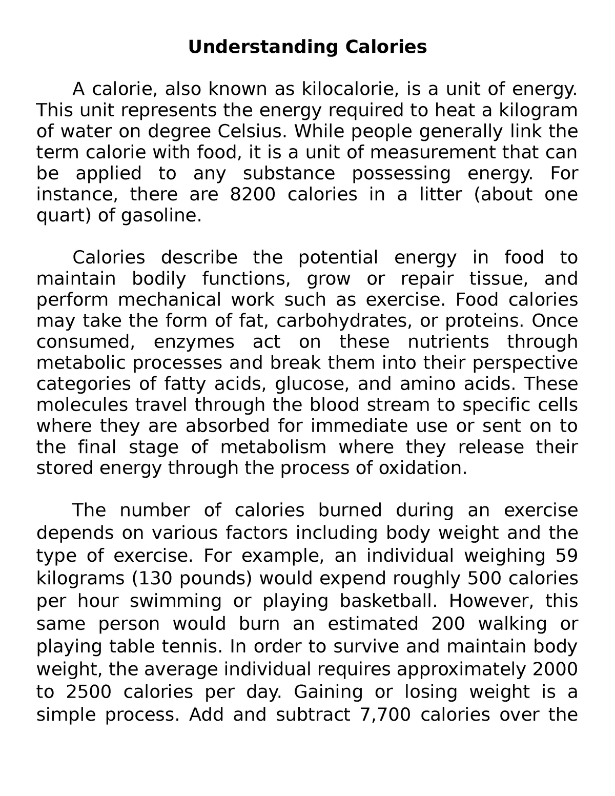 thesis statement about understanding calories