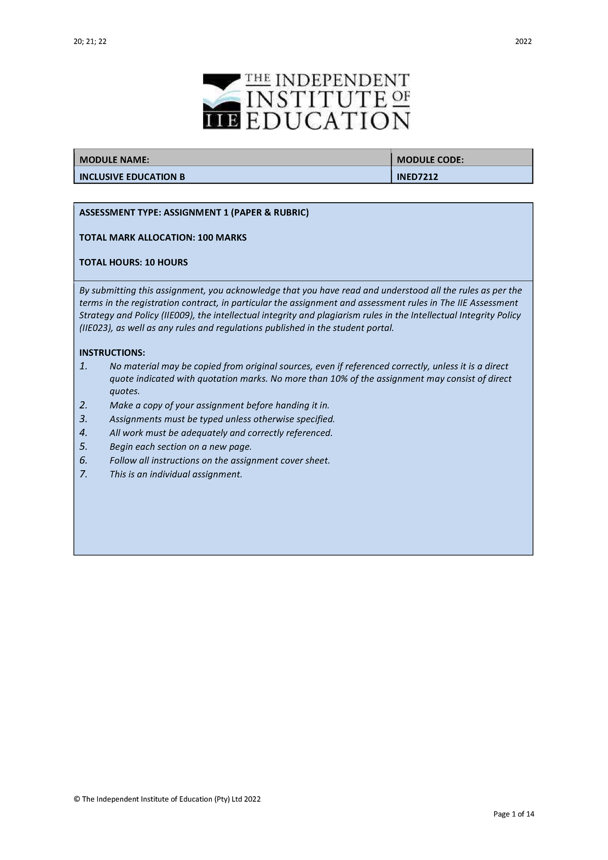 INED7212A1 - Coursework Guidelines For The Module - © The Independent ...