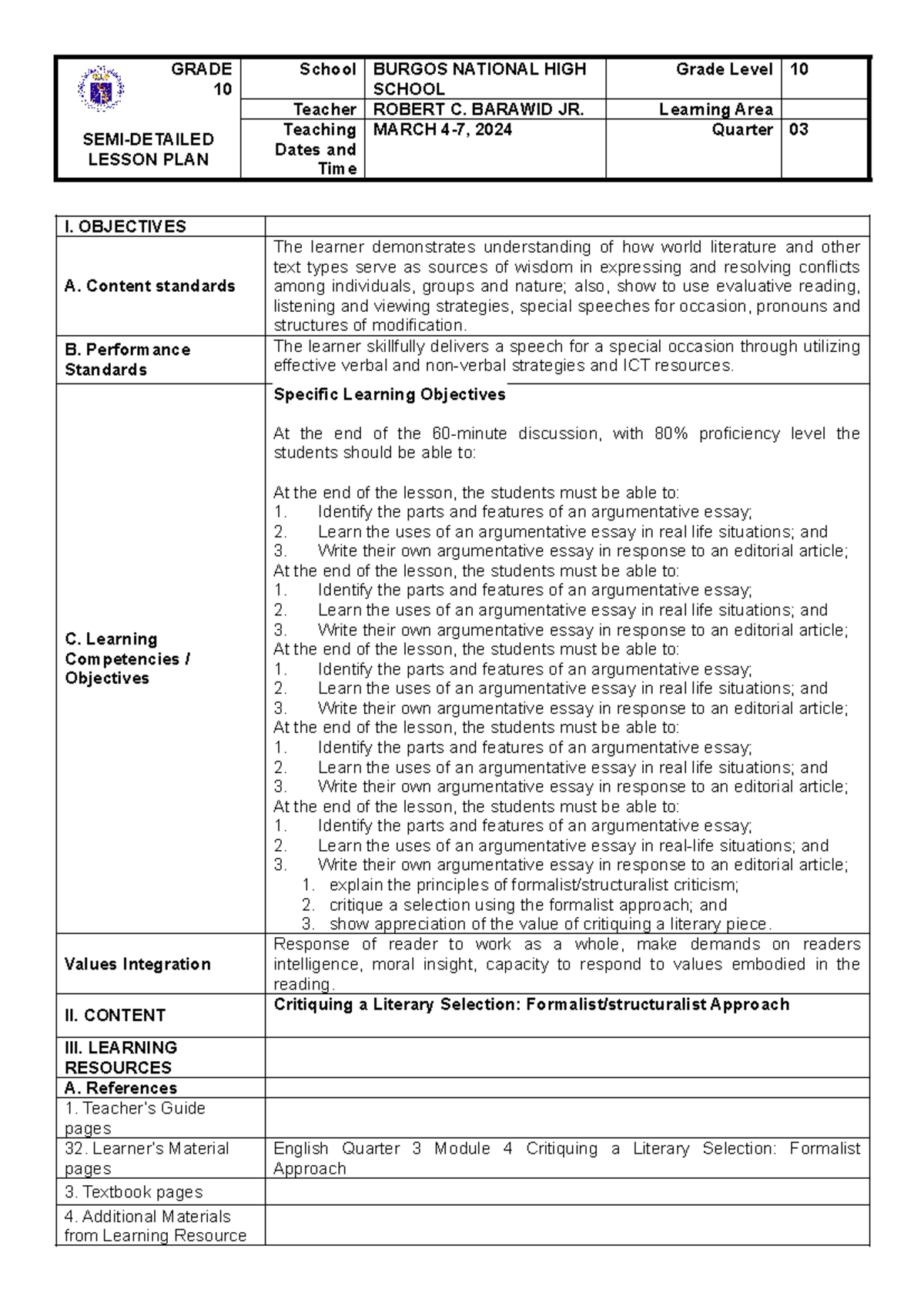 Formalist AND Structuralist Approach - GRADE 10 School BURGOS NATIONAL ...