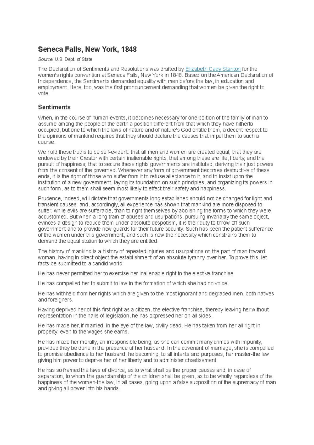 Seneca Falls apuntes Seneca Falls, New York, 1848 Source U. Dept