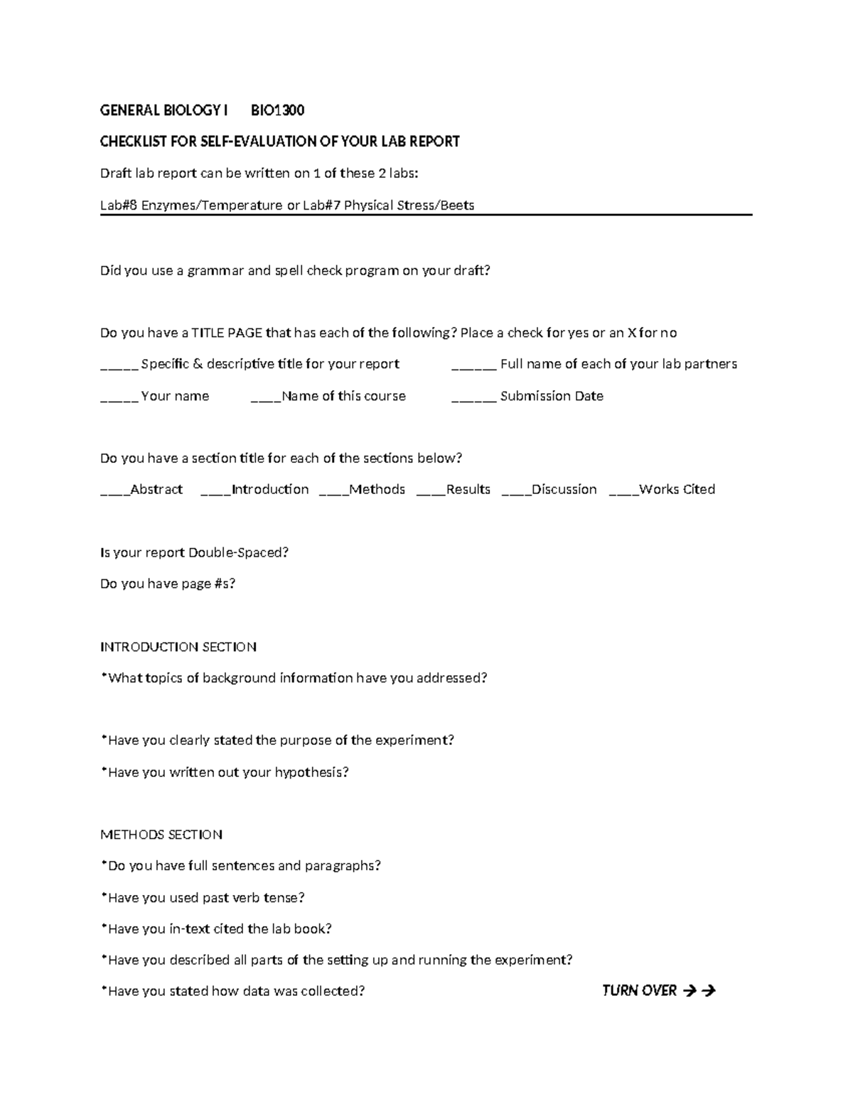 Student Review of Draft Lab Report - GENERAL BIOLOGY I BIO CHECKLIST ...