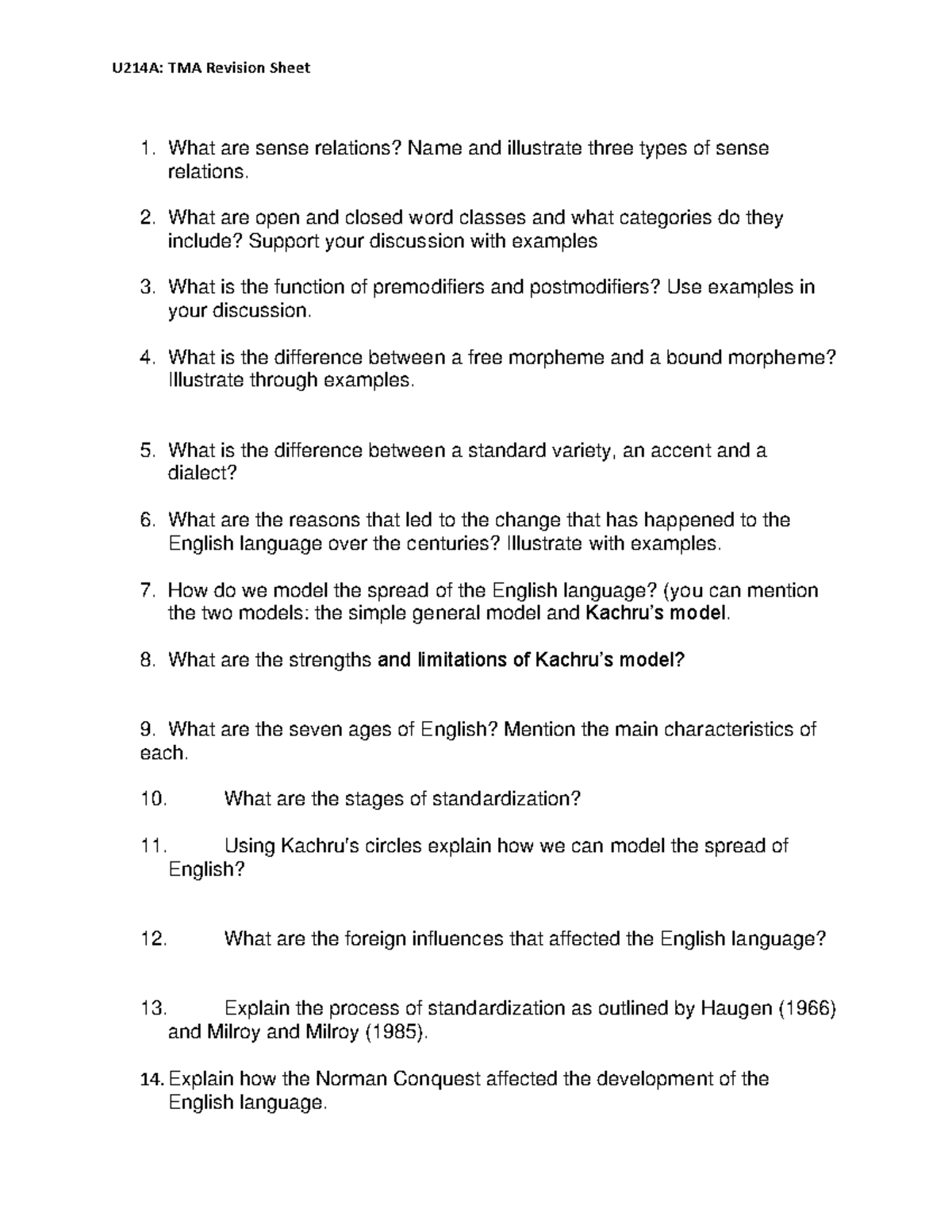 U214A TMA Revision questions - Copy - U214A: TMA Revision Sheet What ...