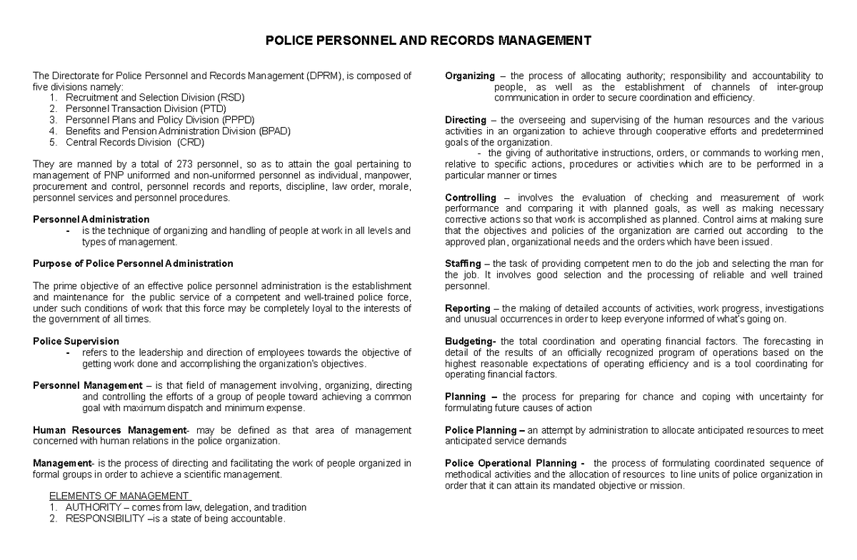 Personnel Management Handouts - POLICE PERSONNEL AND RECORDS MANAGEMENT ...