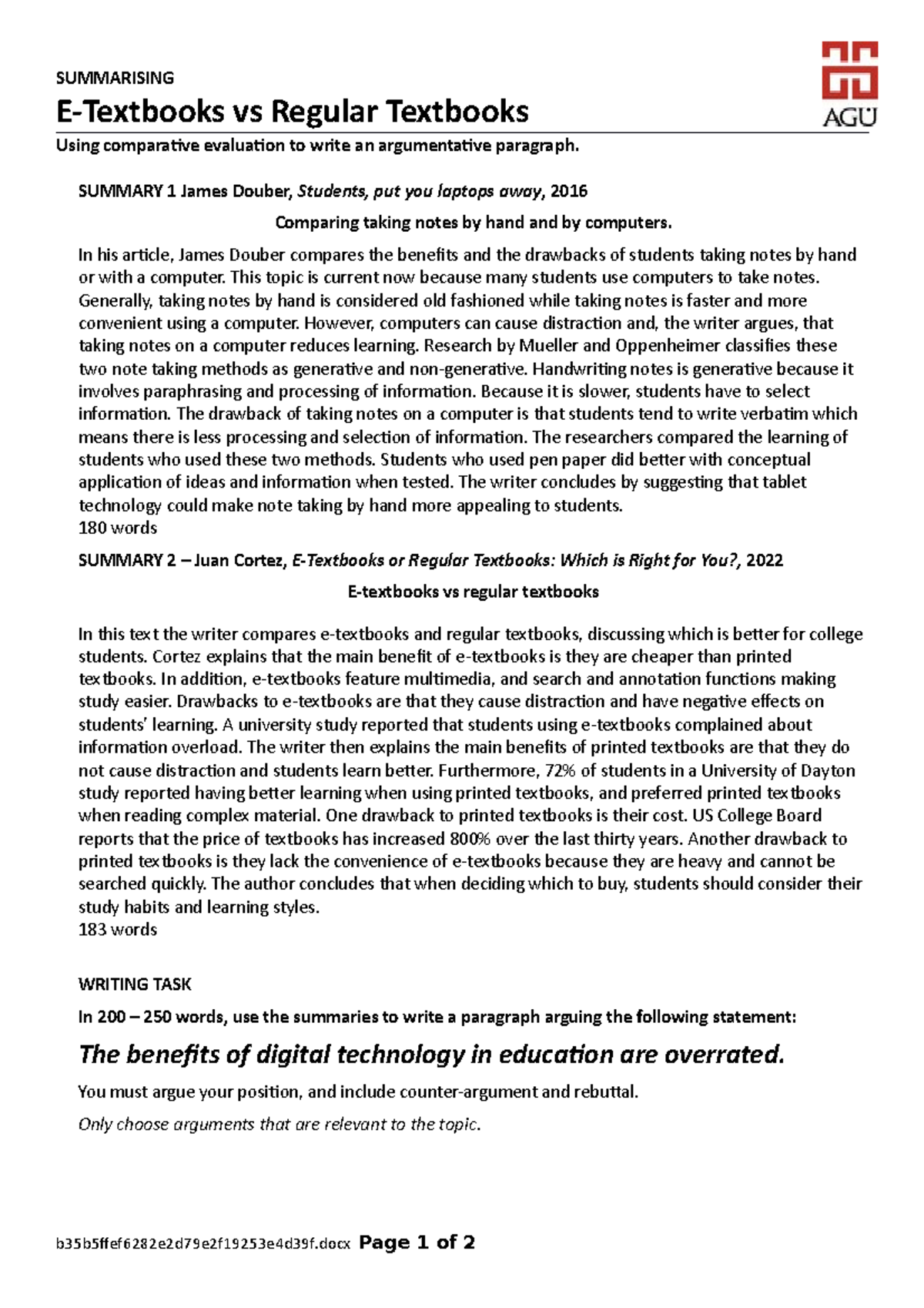 BRGW A3 Comparative Evaluation and Argumentation - SUMMARISING E ...