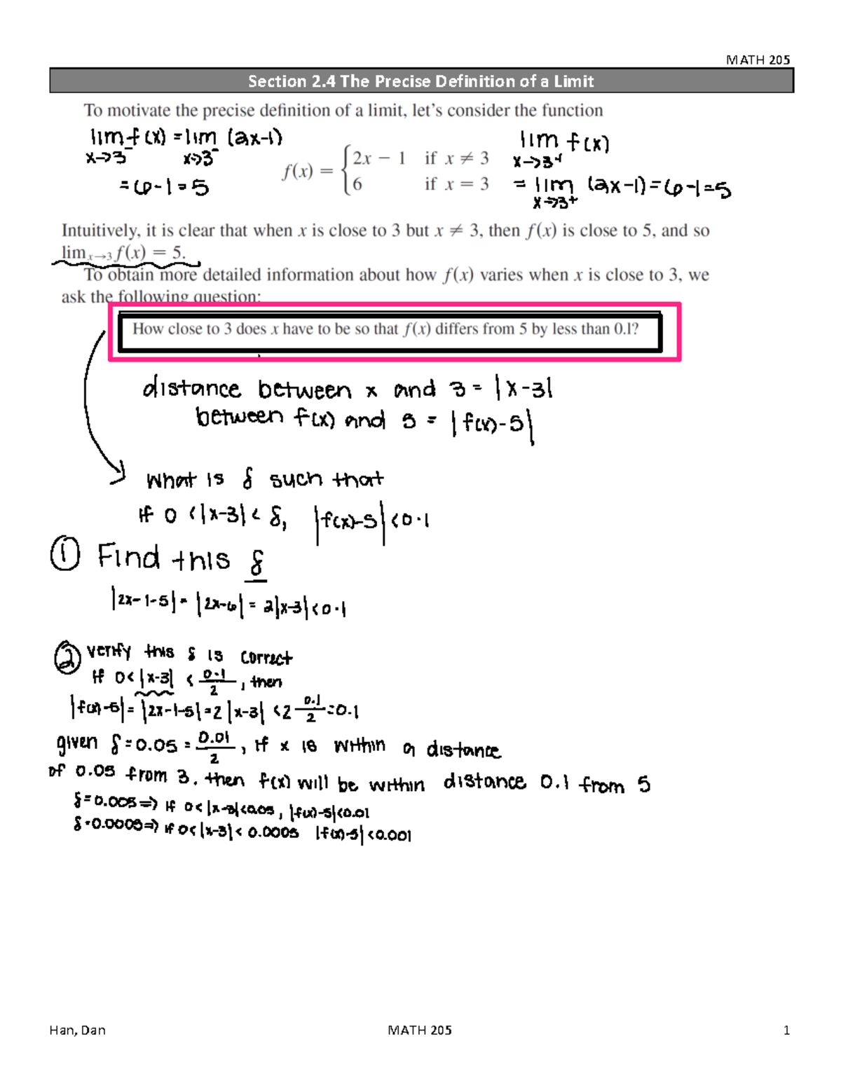 Section 2.4 The Precise Definition Of A Limit - MATH 205 Section 2 The ...