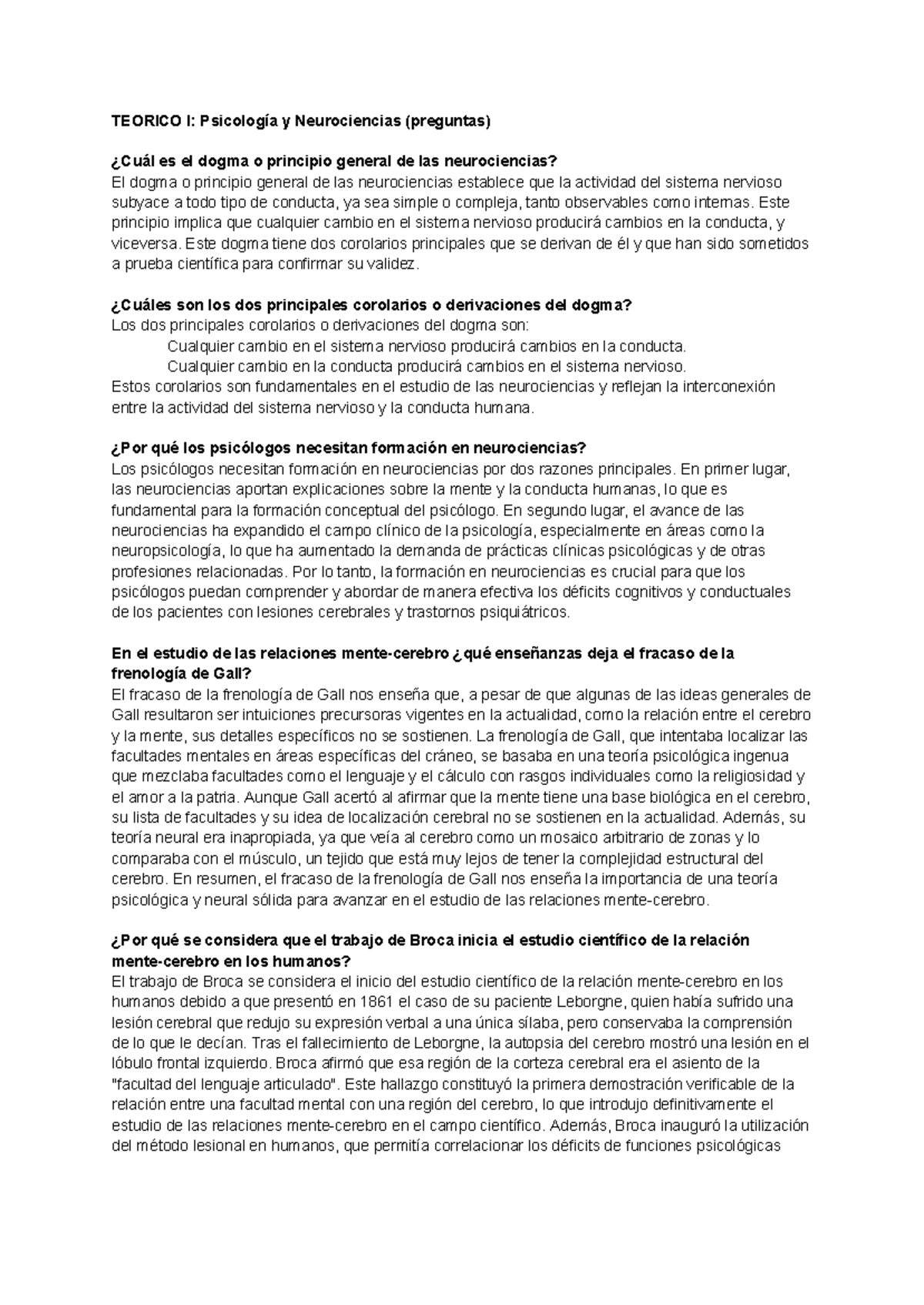 Neuro primer parcial - TEORICO I: Psicología y Neurociencias (preguntas ...