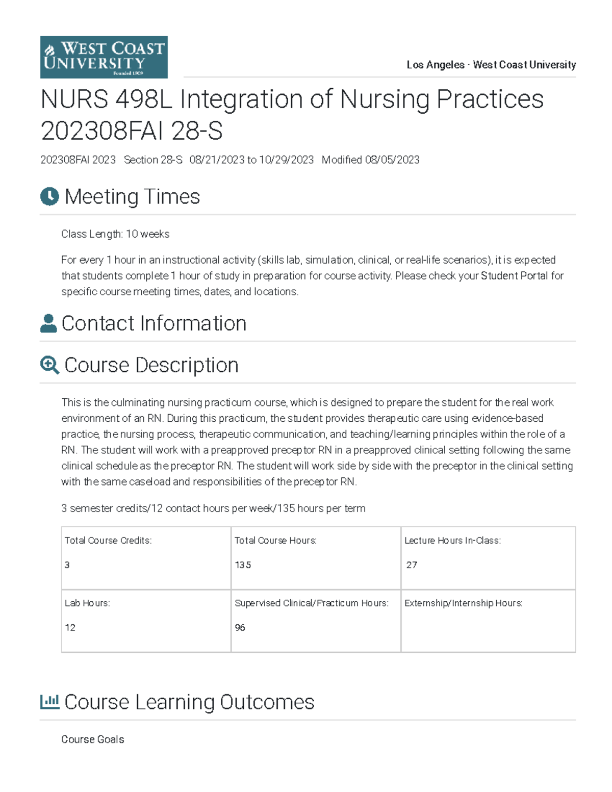 NURS 498L Integration of Nursing Practices 202308 Syllabus - Meeting ...