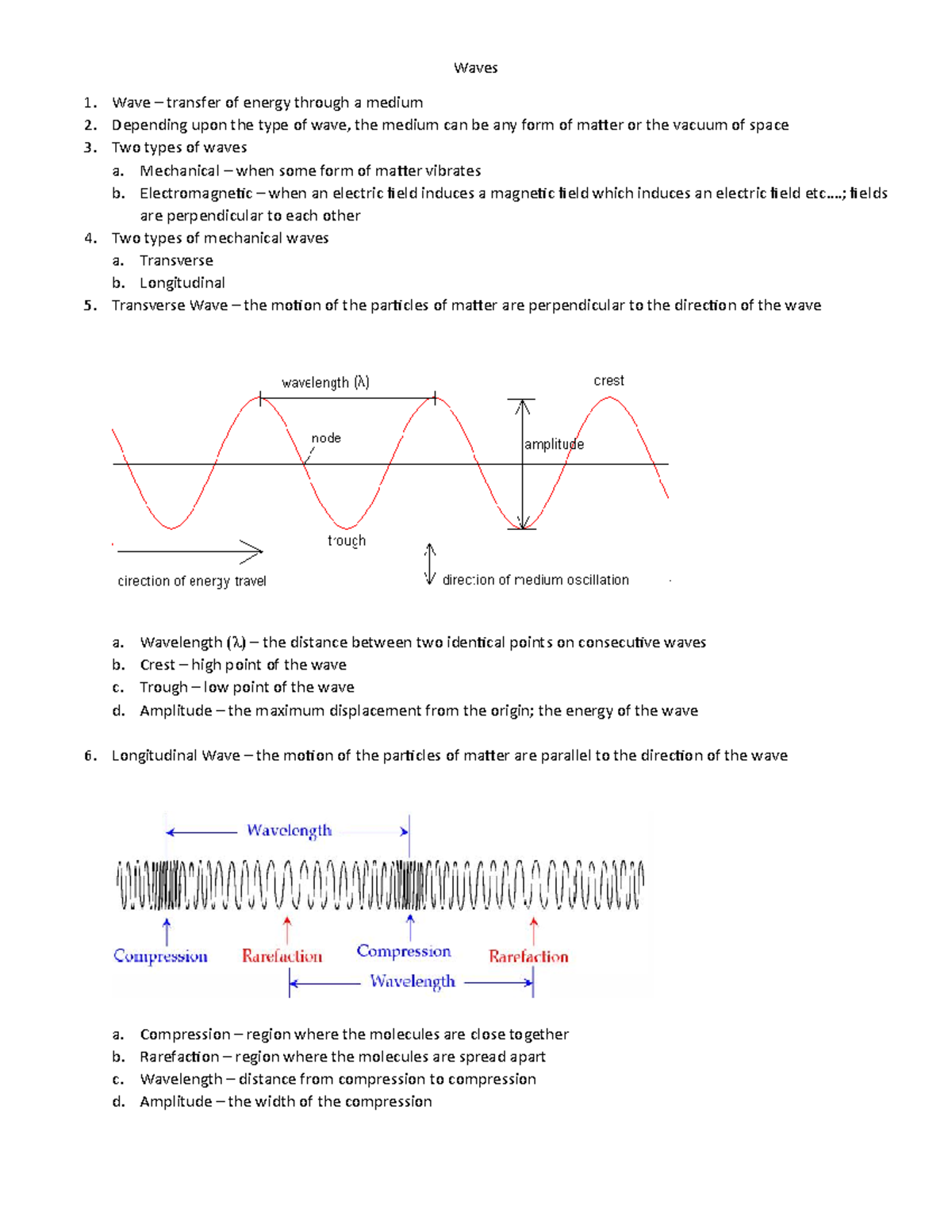 Wave Notes - Waves Wave – transfer of energy through a medium Depending ...