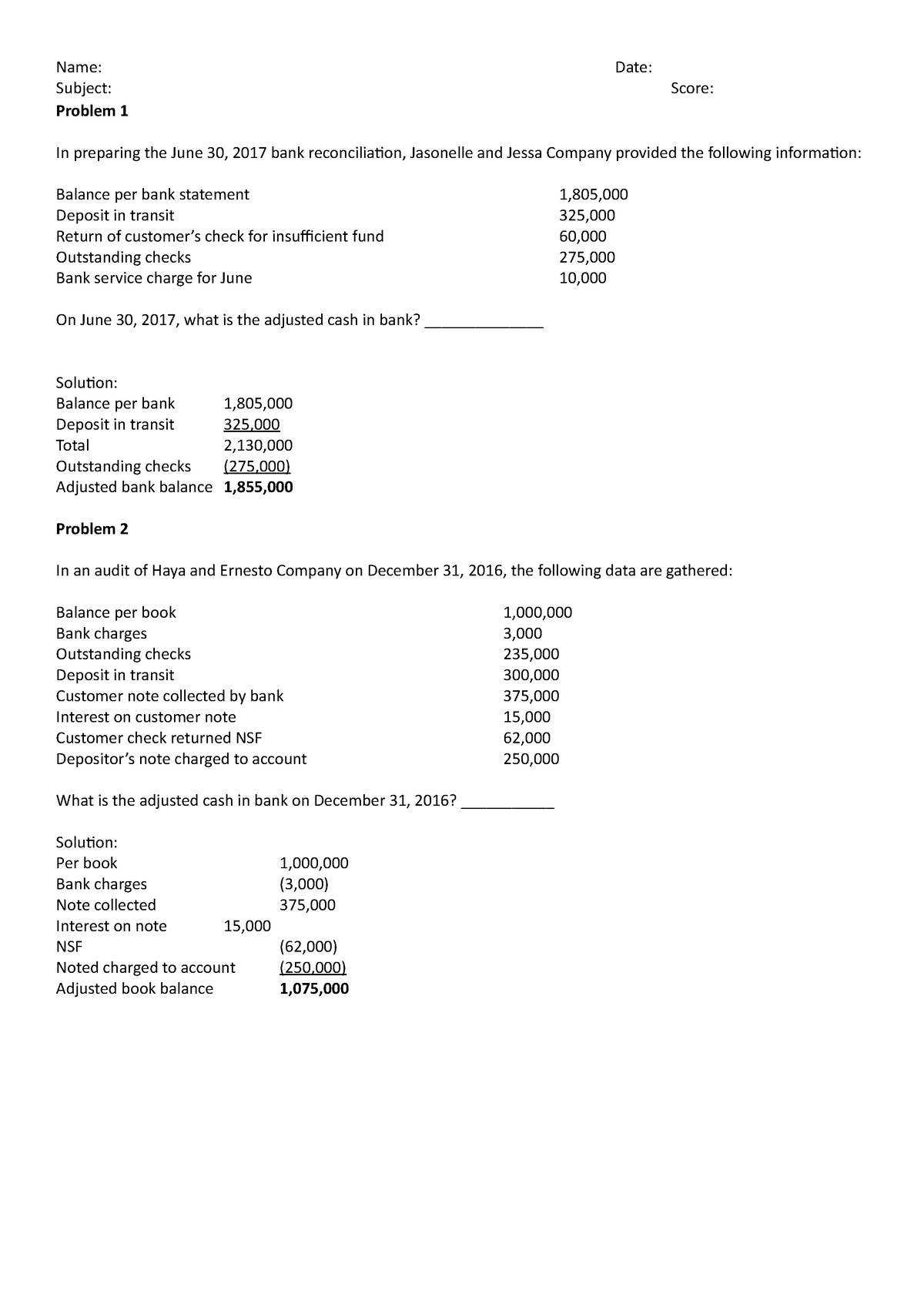 Bank Recon Assignment with solutions - Name: Date: Subject: Score ...