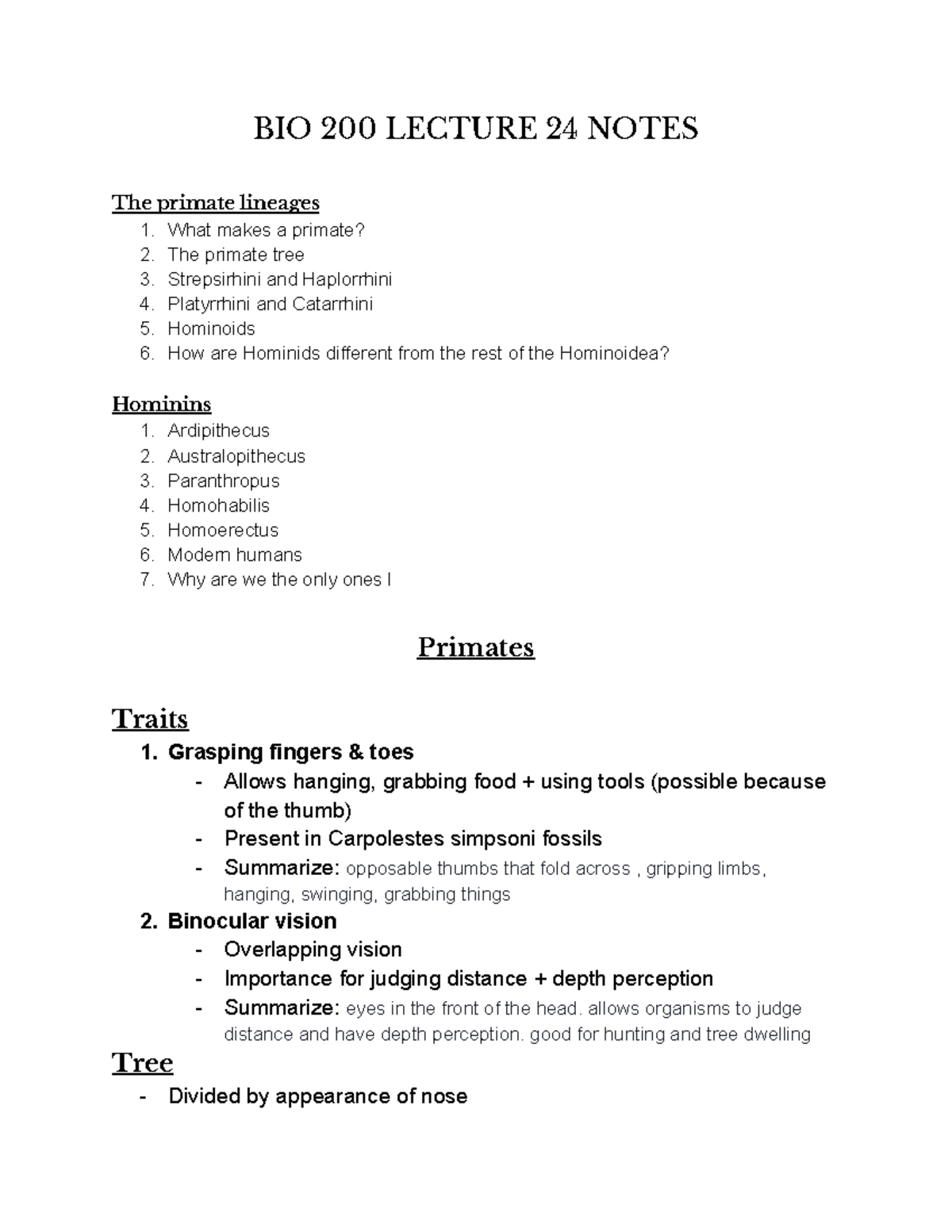 BIO 200 Lecture 24 Notes - BIO 200 LECTURE 24 NOTES The primate ...