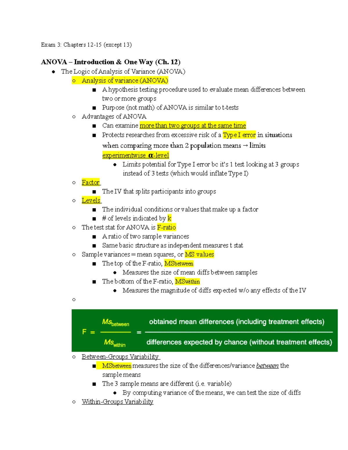 Exam 3 Notes - Exam 3: Chapters 12-15 (except 13) ANOVA – Introduction ...