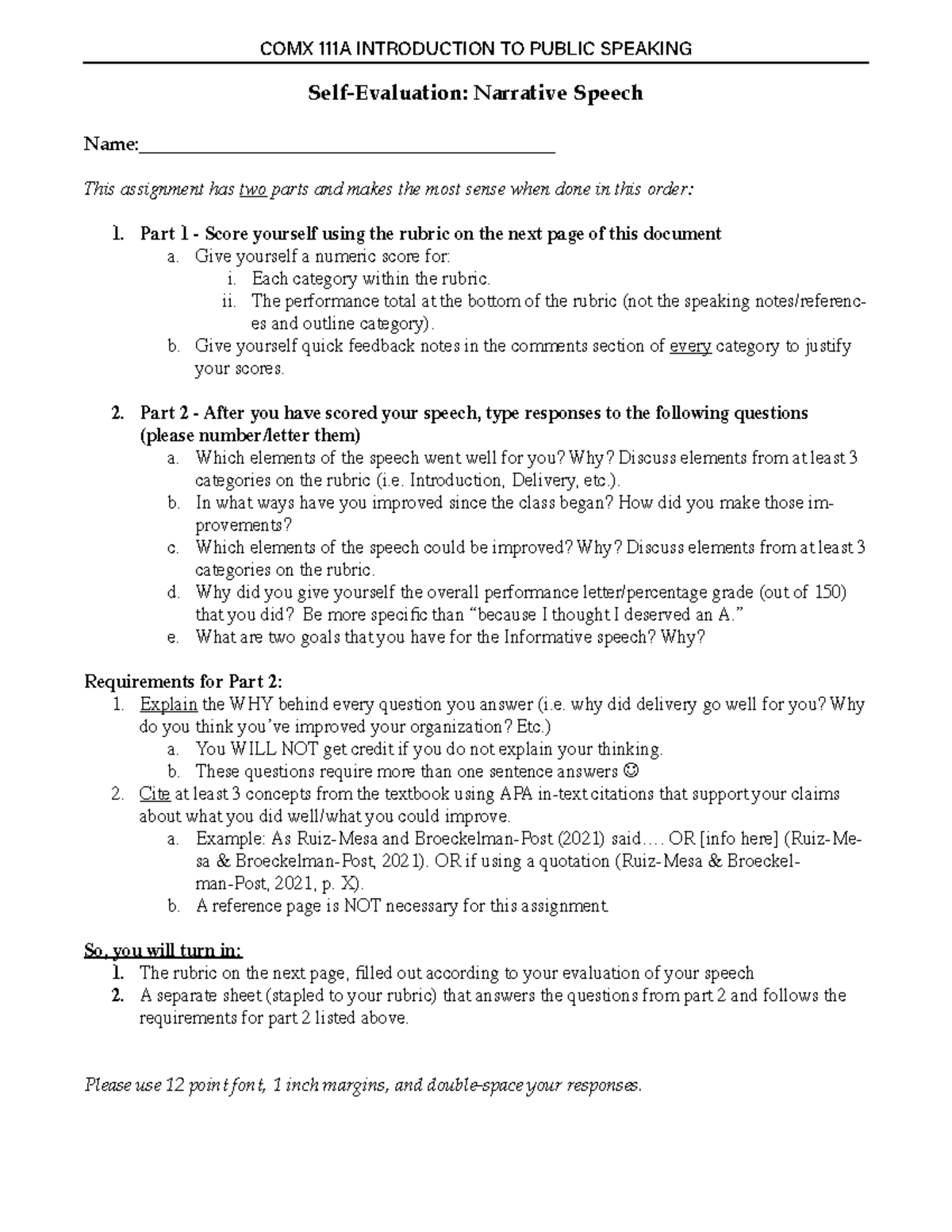 Narrative Speech Self Evaluation - COMX 111A INTRODUCTION TO PUBLIC ...