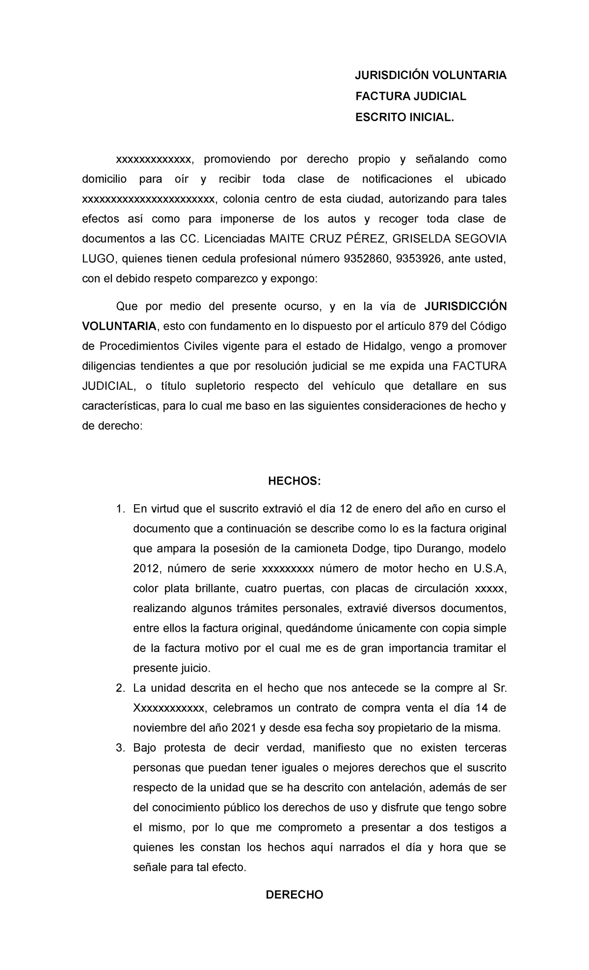 Factura judicial - JURISDICIÓN VOLUNTARIA FACTURA JUDICIAL ESCRITO ...